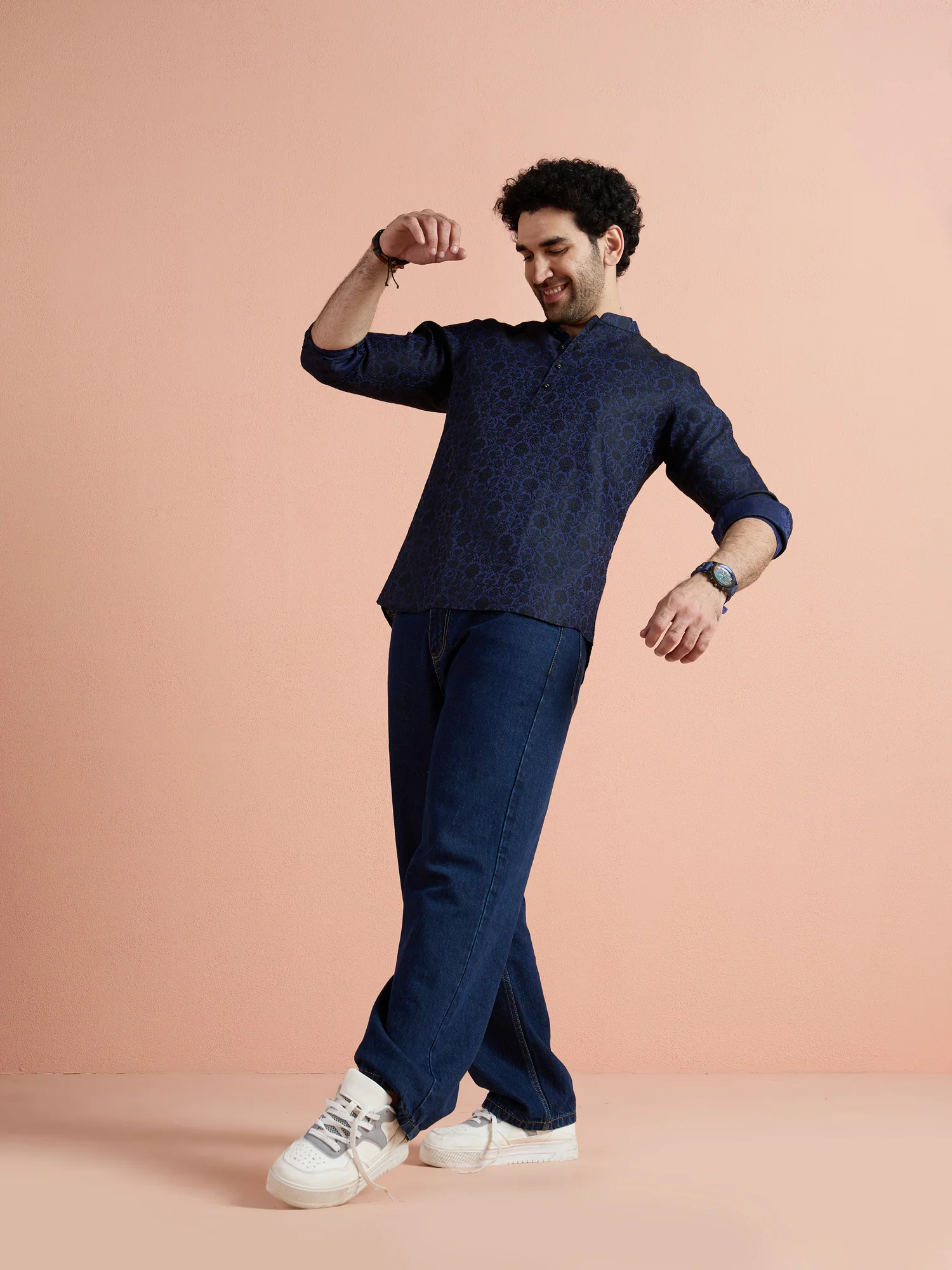 Blue Silk Blend Jacquard Short Kurta - Image 3