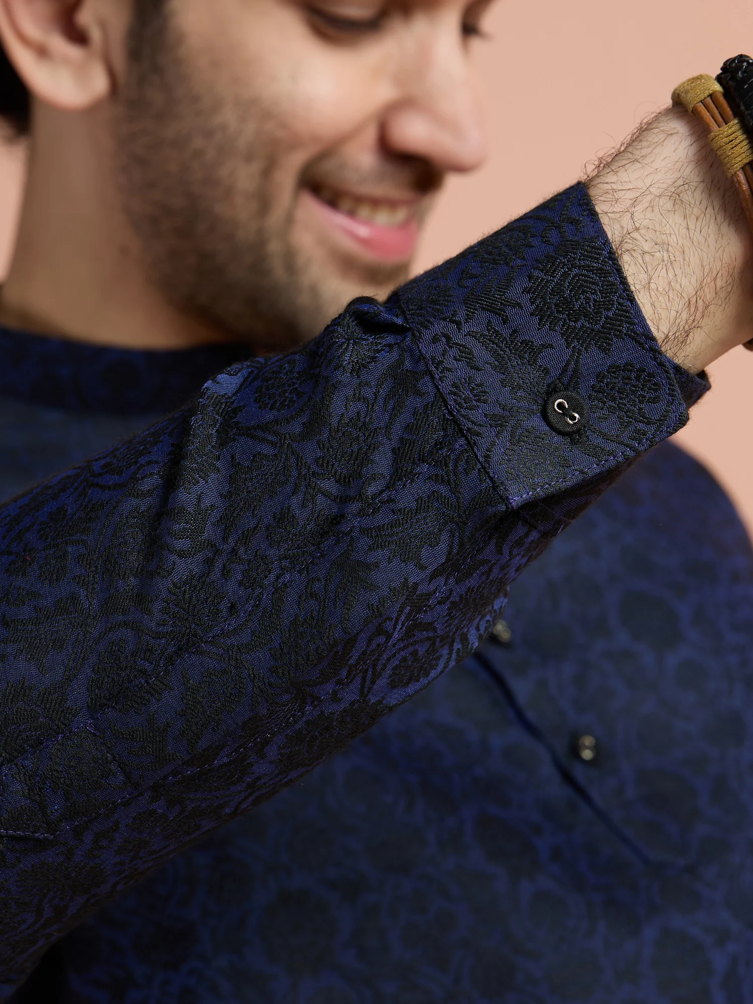 Blue Silk Blend Jacquard Short Kurta - Image 5