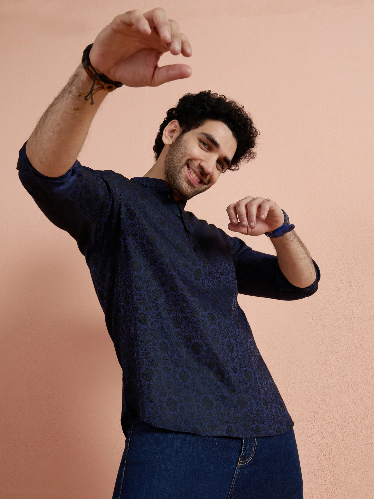 Blue Silk Blend Jacquard Short Kurta - Image 7