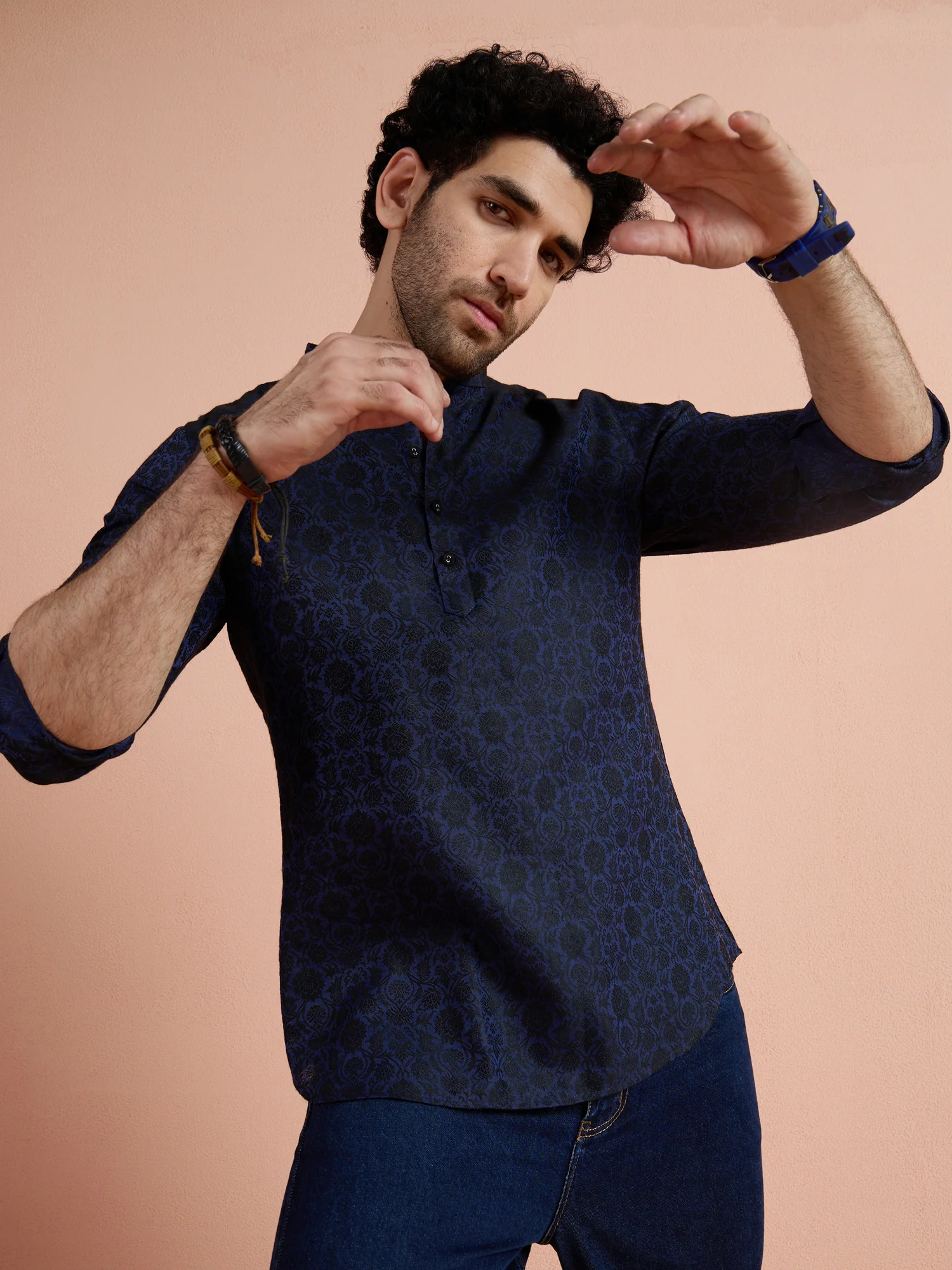 Blue Silk Blend Jacquard Short Kurta - Image 8
