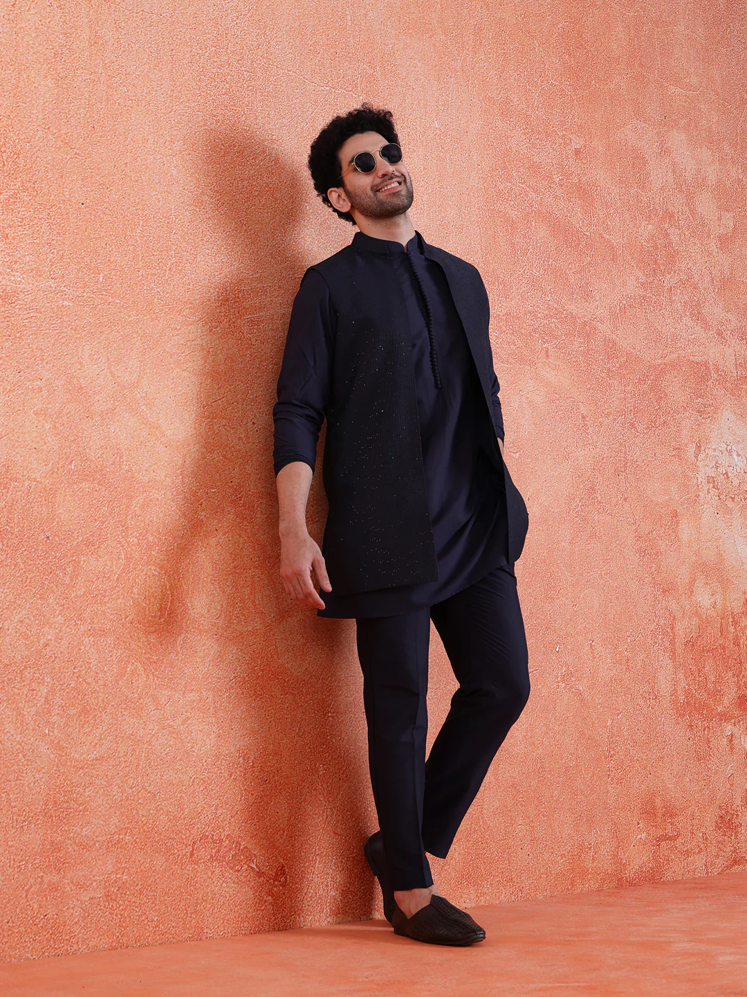 Blue Silk Blend Sequin Mid Kurta Front Open Long Jacket Trouser Set