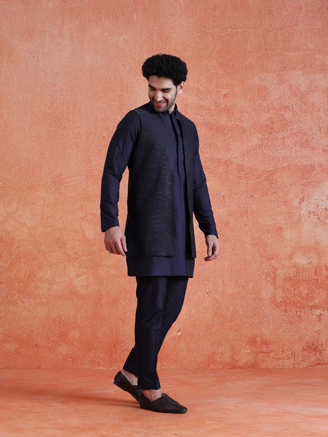 Blue Silk Blend Sequin Mid Kurta Front Open Long Jacket Trouser Set - Image 2