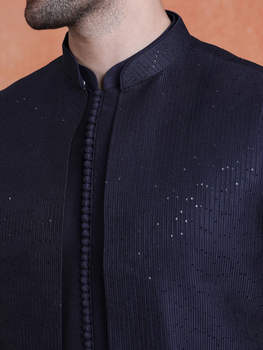 Blue Silk Blend Sequin Mid Kurta Front Open Long Jacket Trouser Set - Image 5