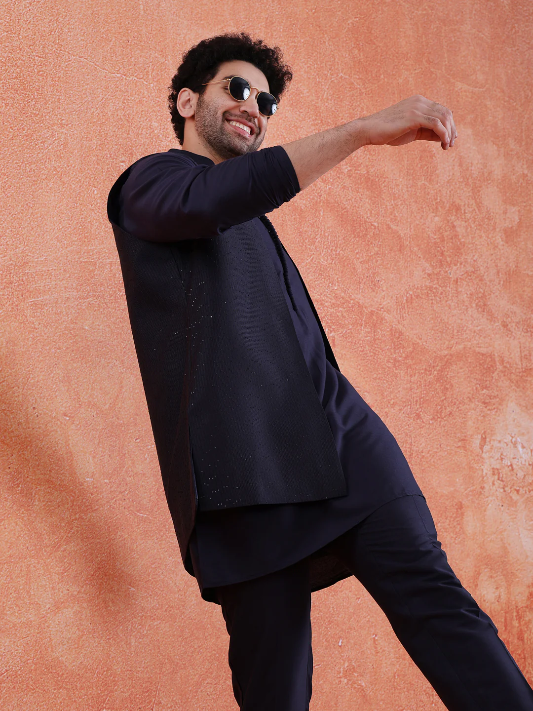 Blue Silk Blend Sequin Mid Kurta Front Open Long Jacket Trouser Set - Image 8