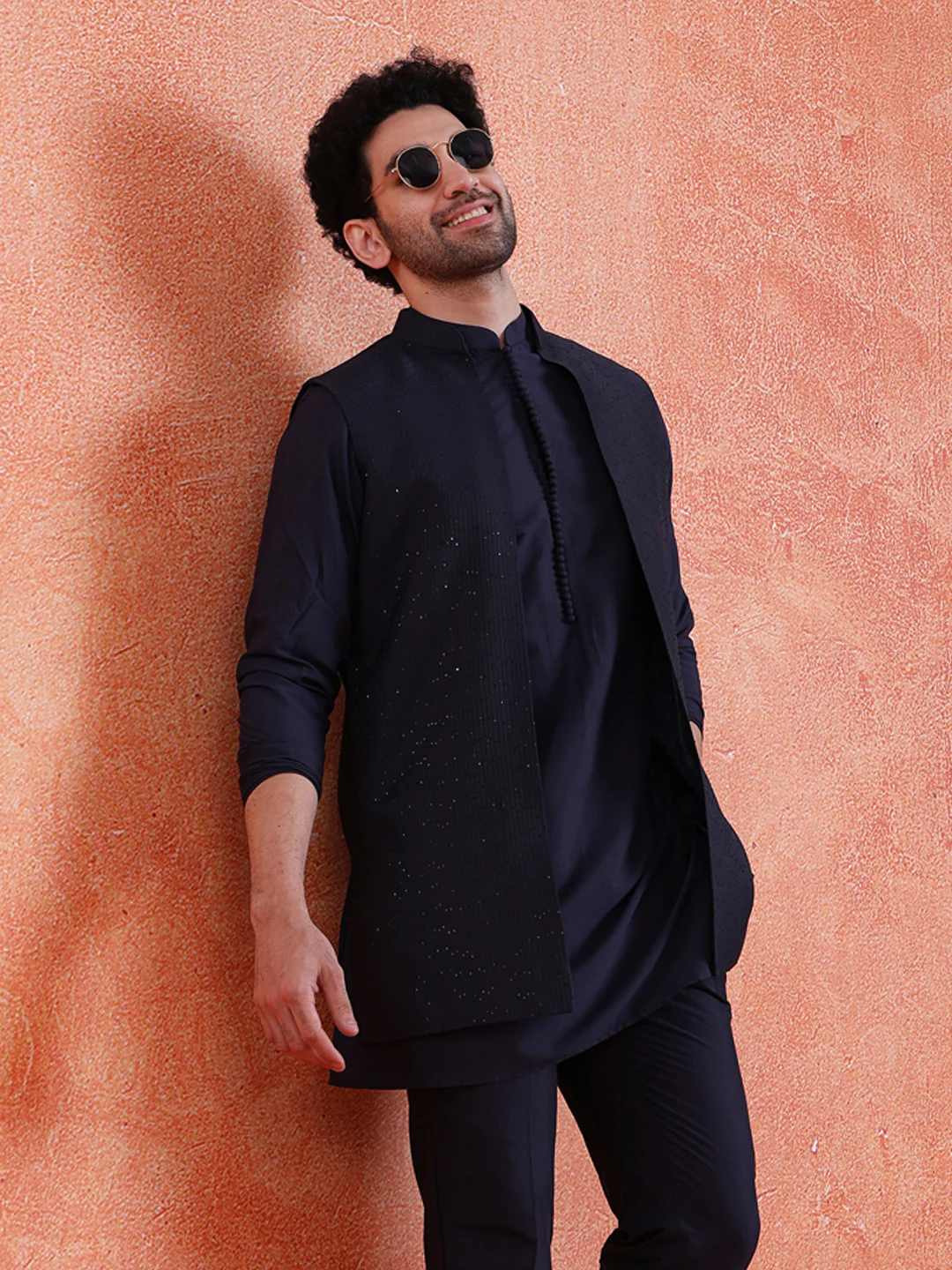 Blue Silk Blend Sequin Mid Kurta Front Open Long Jacket Trouser Set - Image 9