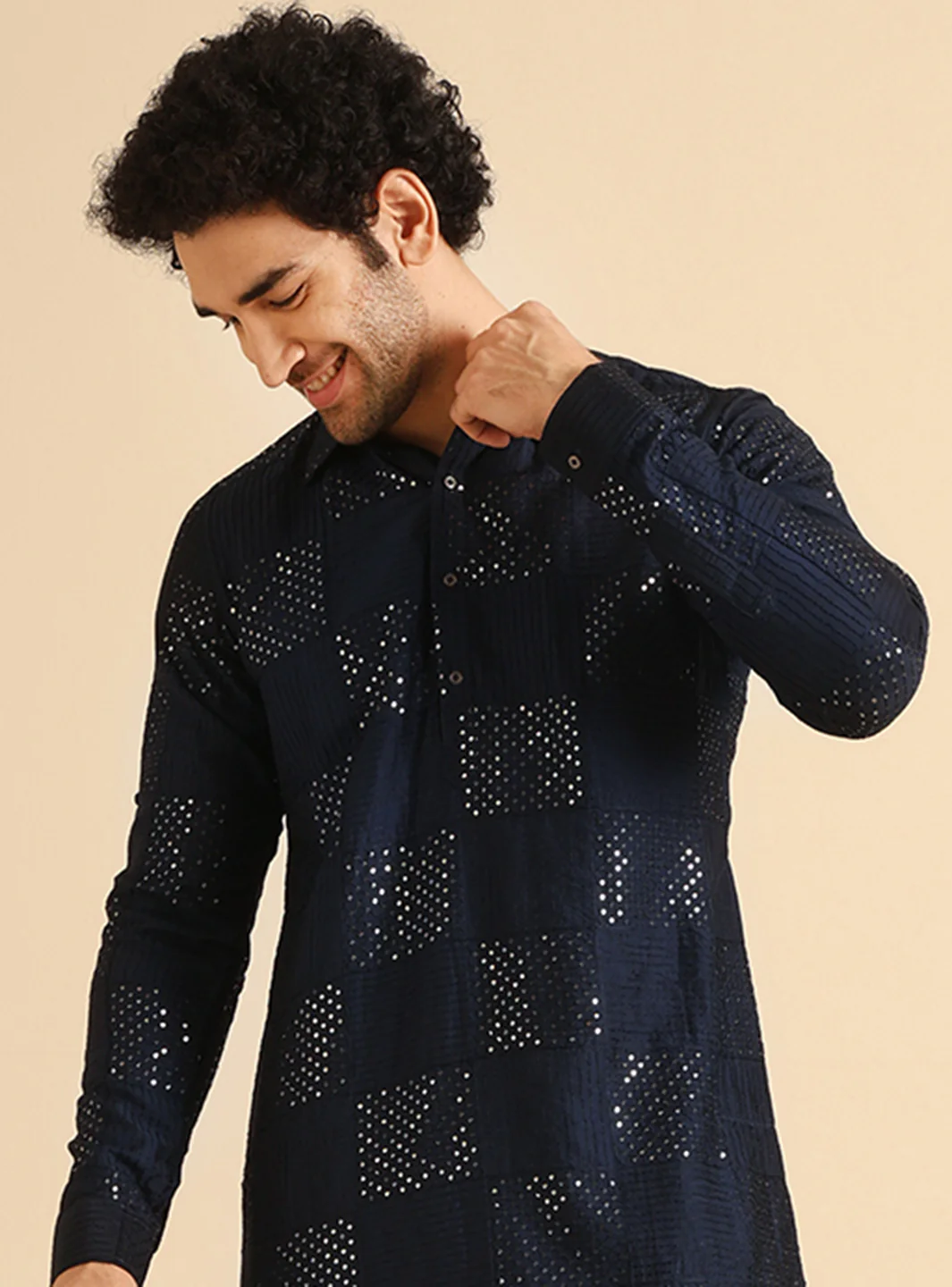 Blue Silk Blend Textured Embroidered Pathani Kurta Patiyala Set - Image 5