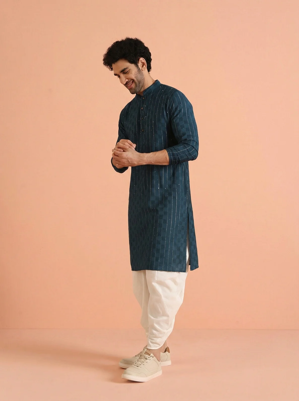Blue Silk Blend Textured Kurta Dhoti Set - Image 2