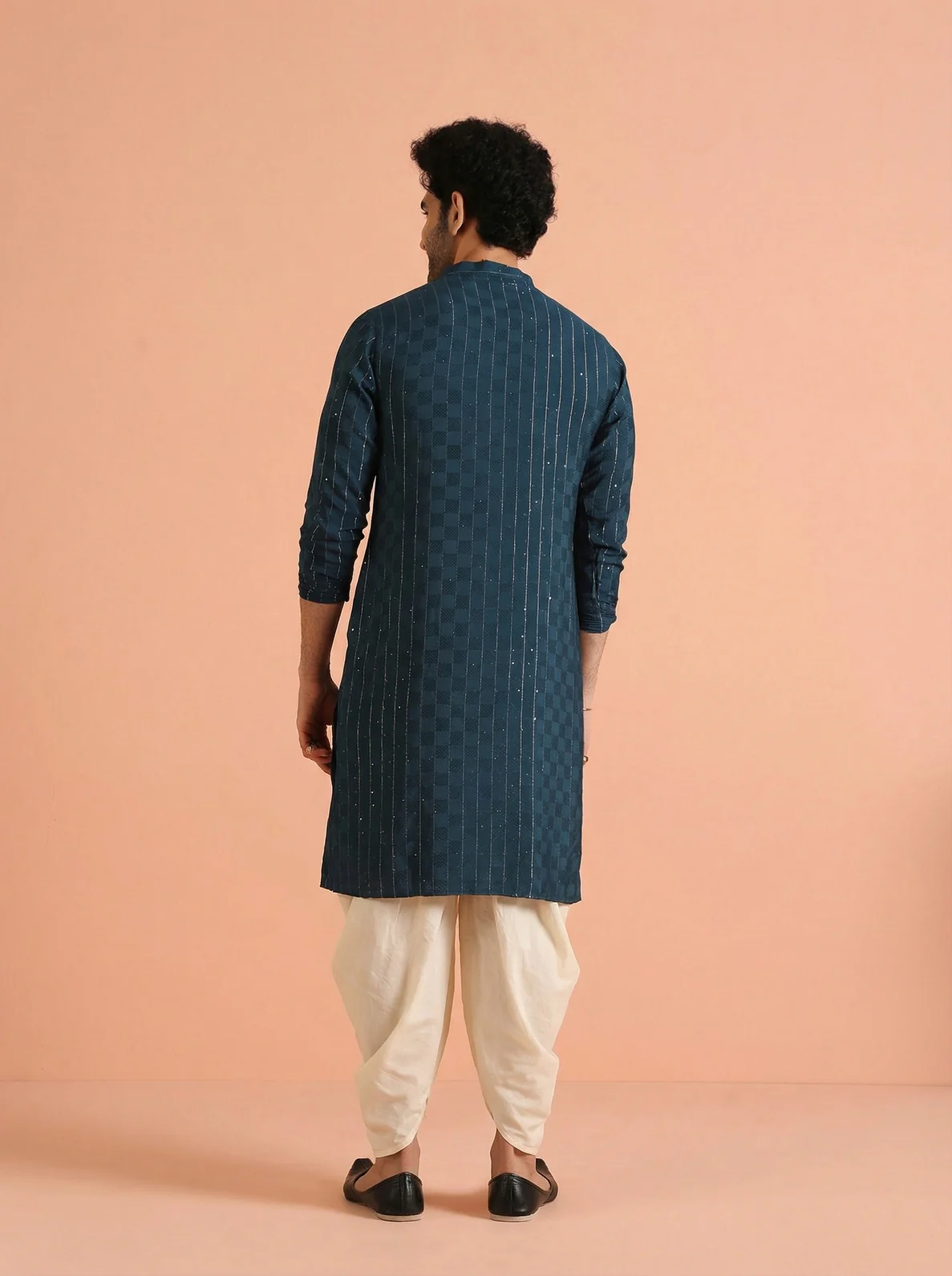 Blue Silk Blend Textured Kurta Dhoti Set - Image 3
