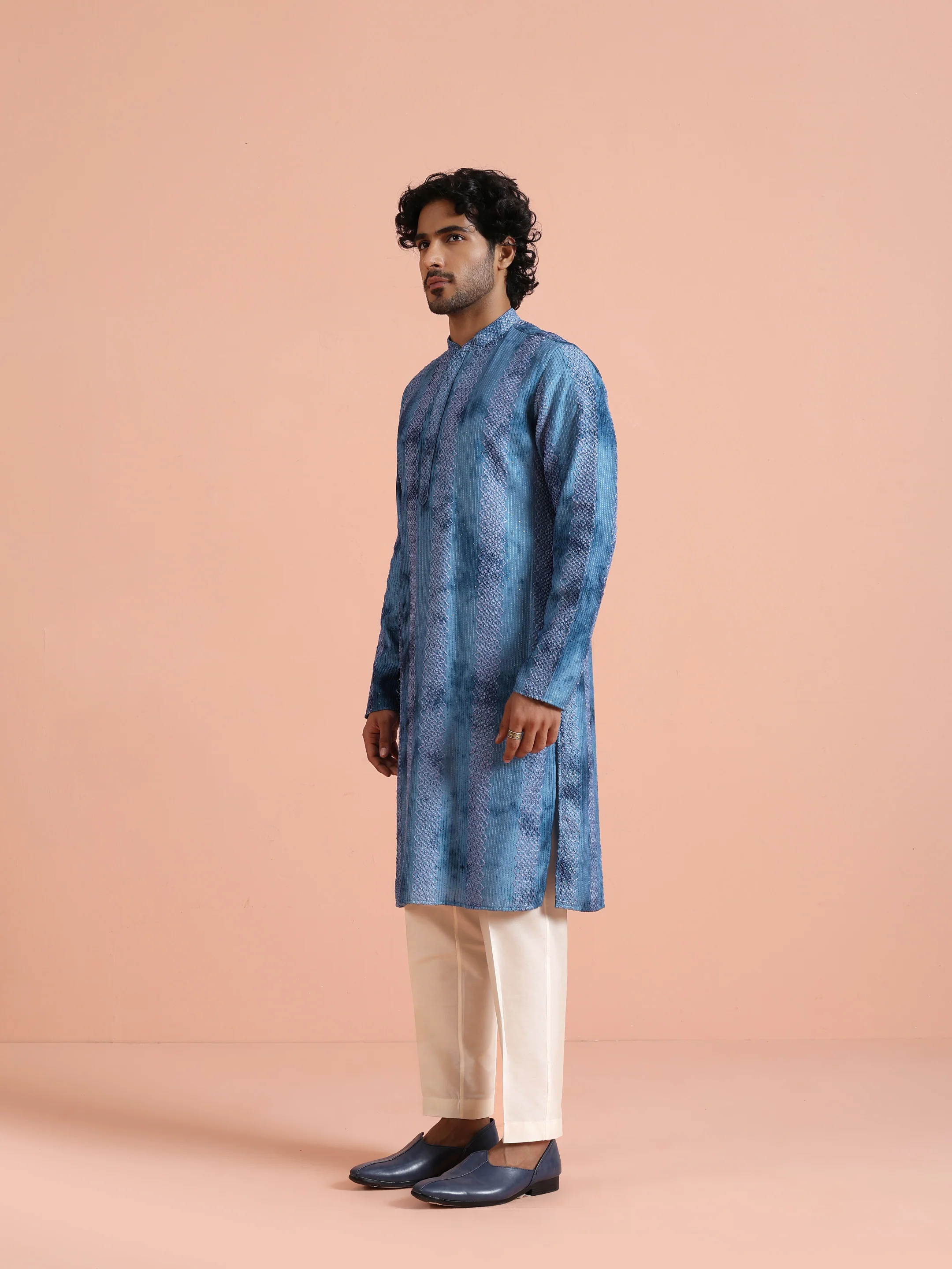 Blue Striped Printed Kurta - Image 2