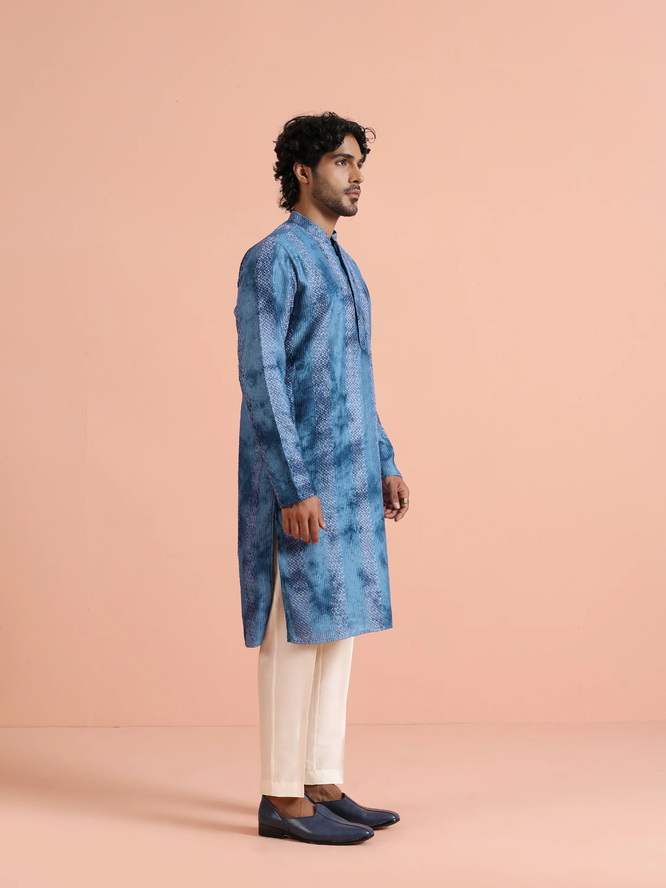 Blue Striped Printed Kurta - Image 3
