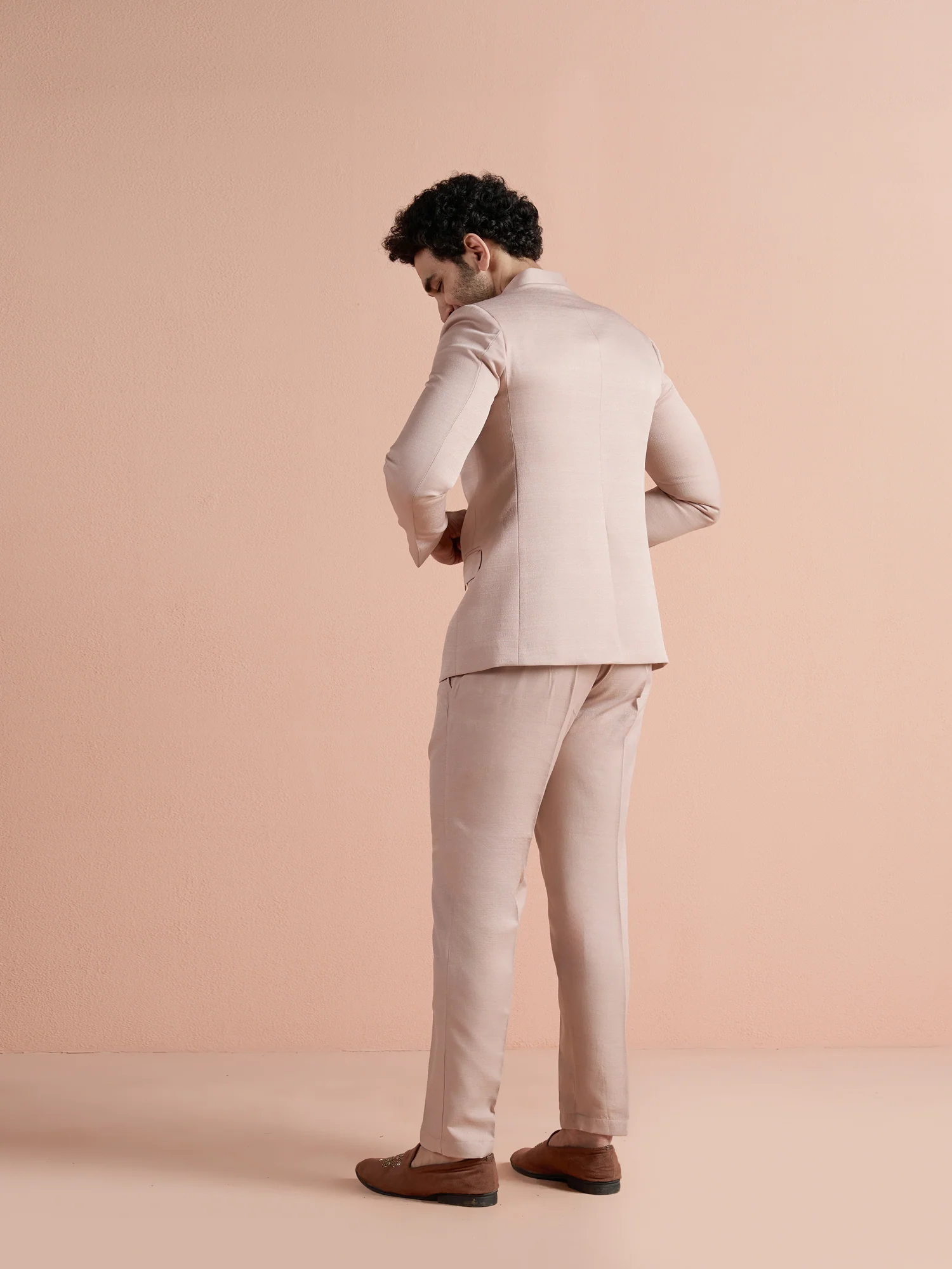 Blush Pink Poly Viscose Solid Bandhgala Trouser Set - Image 4