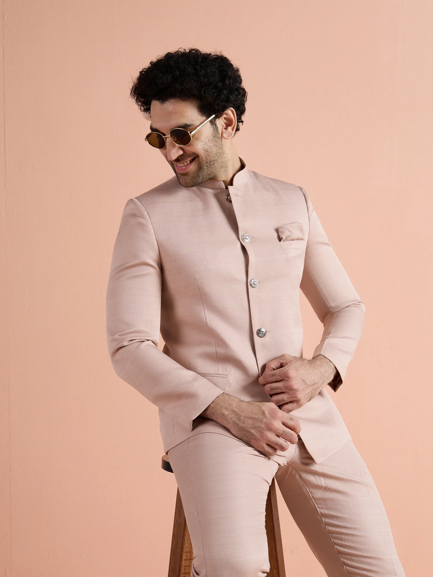 Blush Pink Poly Viscose Solid Bandhgala Trouser Set - Image 7