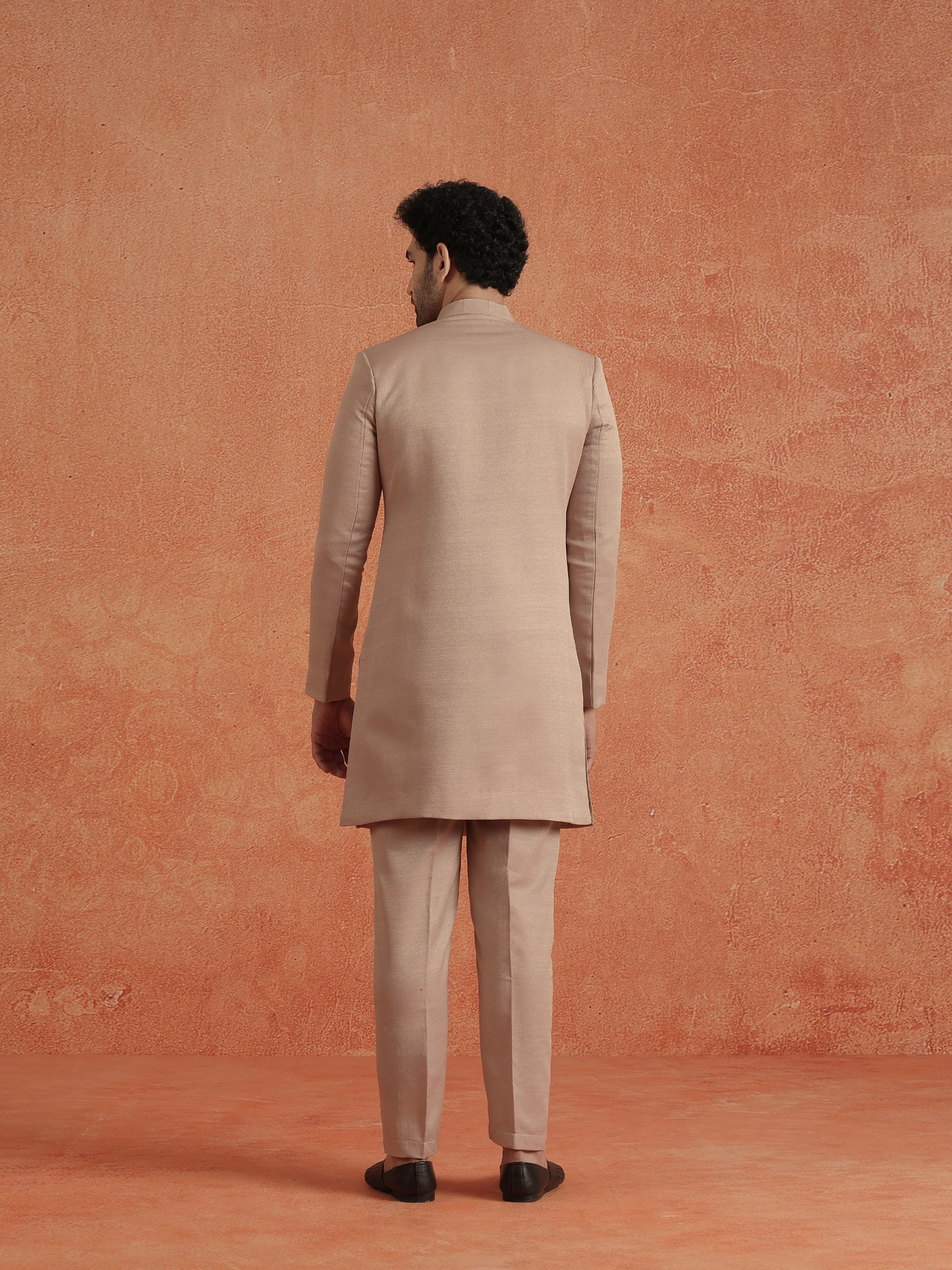 Blush Pink Polyviscose Solid Sherwani Trouser Set - Image 4