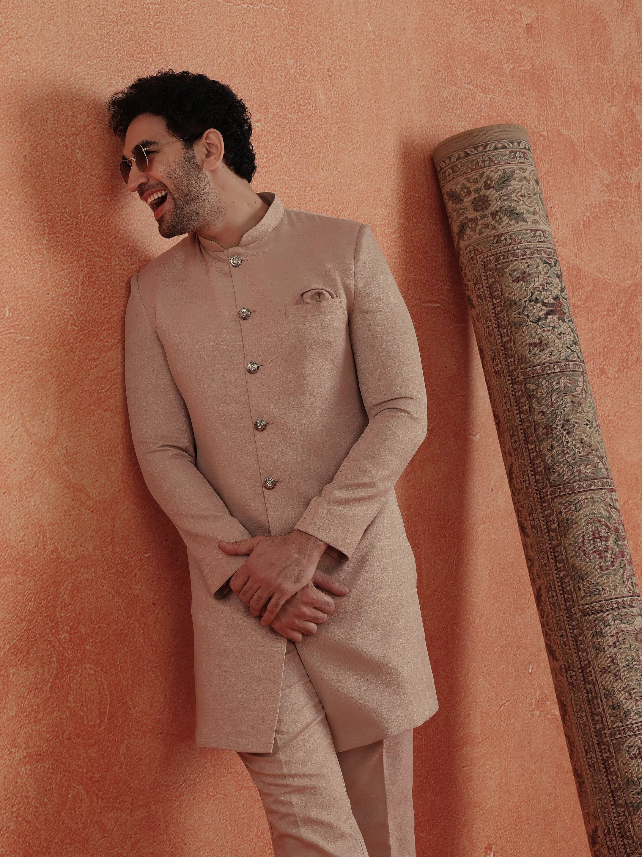 Blush Pink Polyviscose Solid Sherwani Trouser Set - Image 8