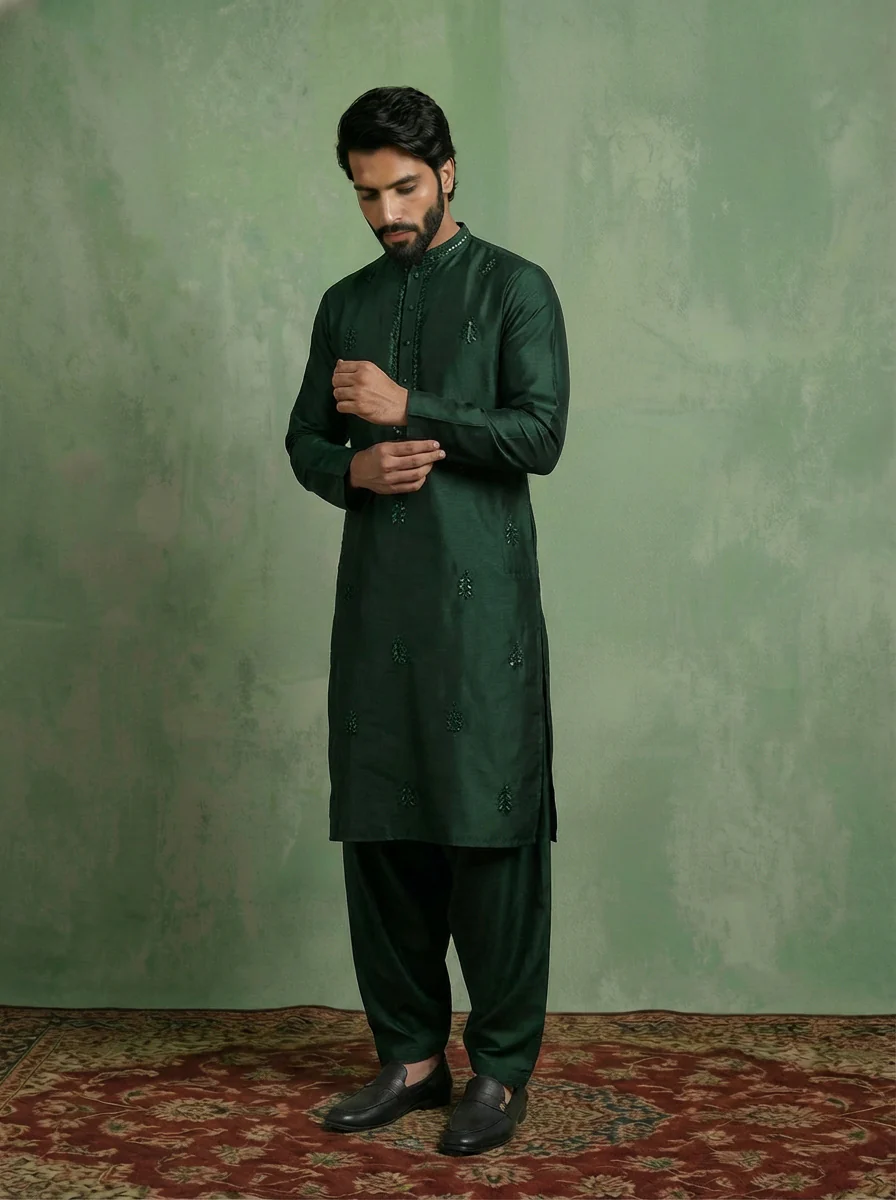 Bottle Green Cotton Blend Embroidered Kurta Patiyala Set