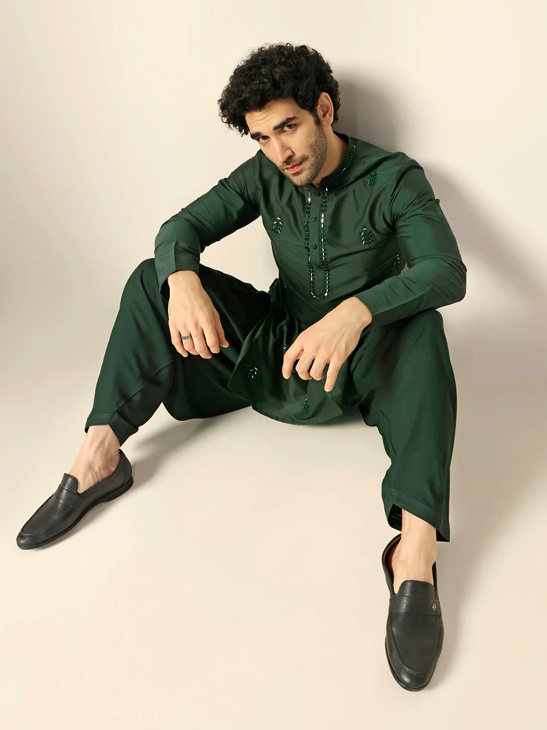 Bottle Green Cotton Blend Embroidered Kurta Patiyala Set - Image 7