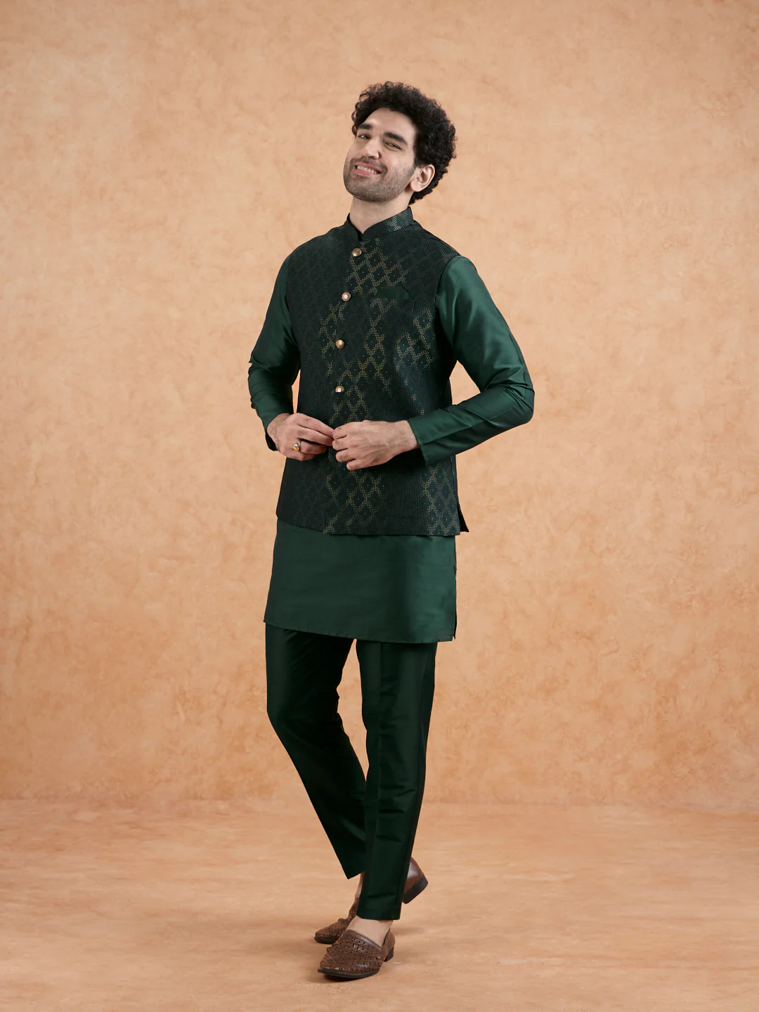 Bottle Green Silk Blend Textured Mid Kurta Jacket Trouser Set - Image 2