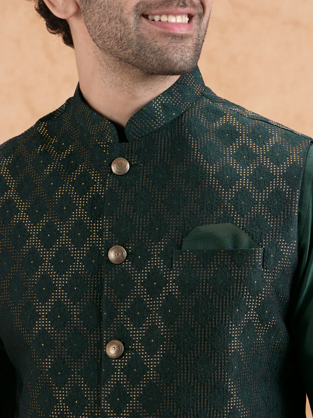 Bottle Green Silk Blend Textured Mid Kurta Jacket Trouser Set - Image 5