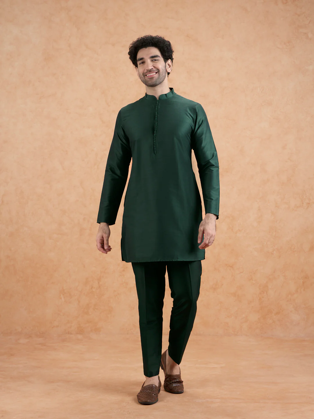 Bottle Green Silk Blend Textured Mid Kurta Jacket Trouser Set - Image 7