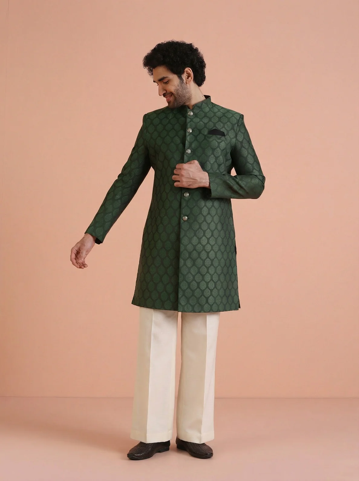 Bottle Green Silk Blend Textured Sherwani Wide Leg Trouser Set - Image 2
