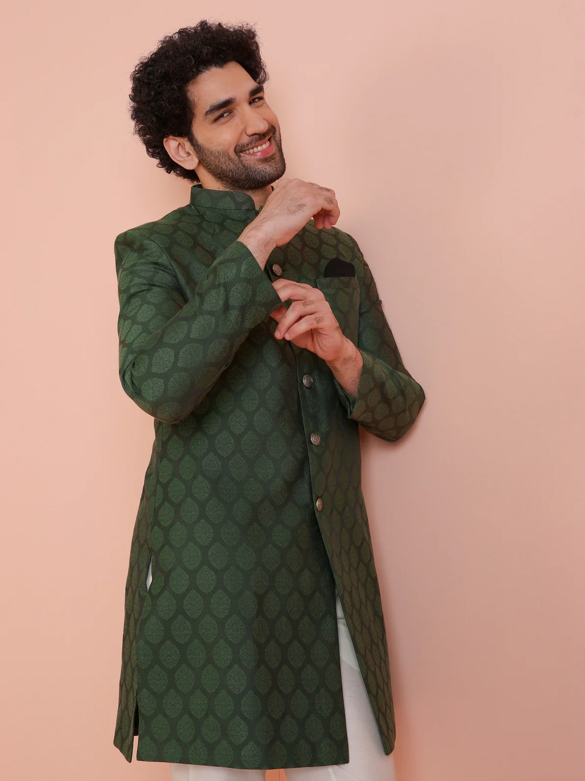 Bottle Green Silk Blend Textured Sherwani Wide Leg Trouser Set - Image 4
