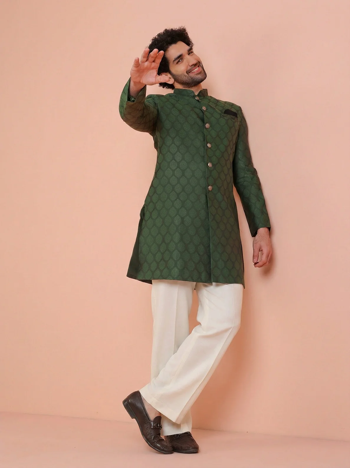 Bottle Green Silk Blend Textured Sherwani Wide Leg Trouser Set - Image 6