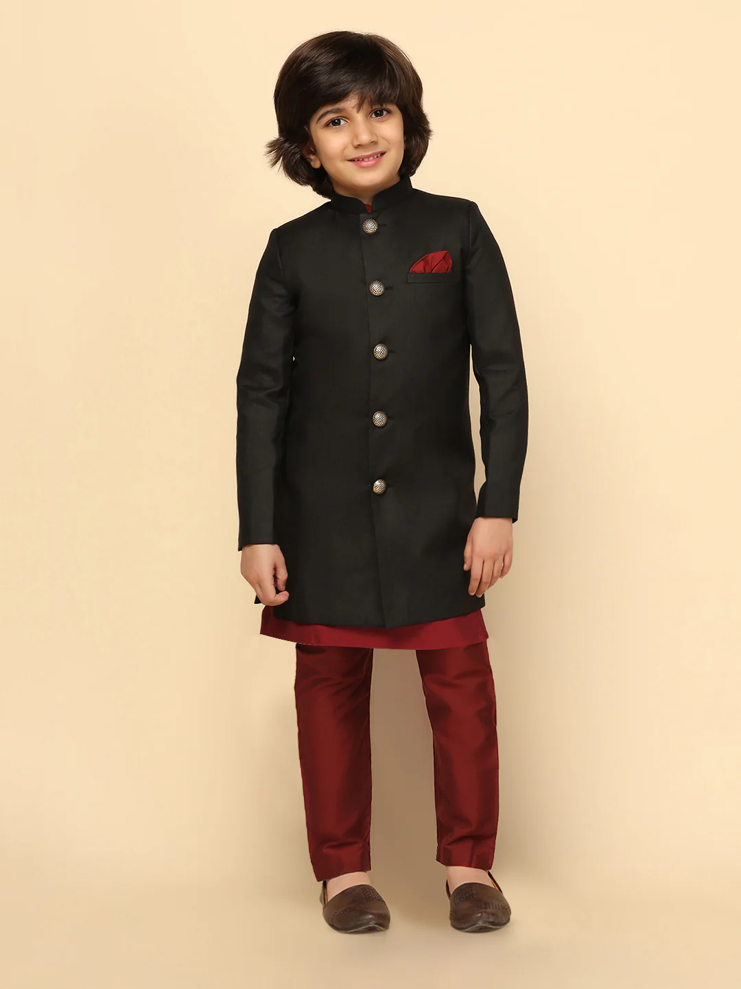 Boy's Black Cotton Blend Solid Dyed Kurta Sherwani Pyjama Set