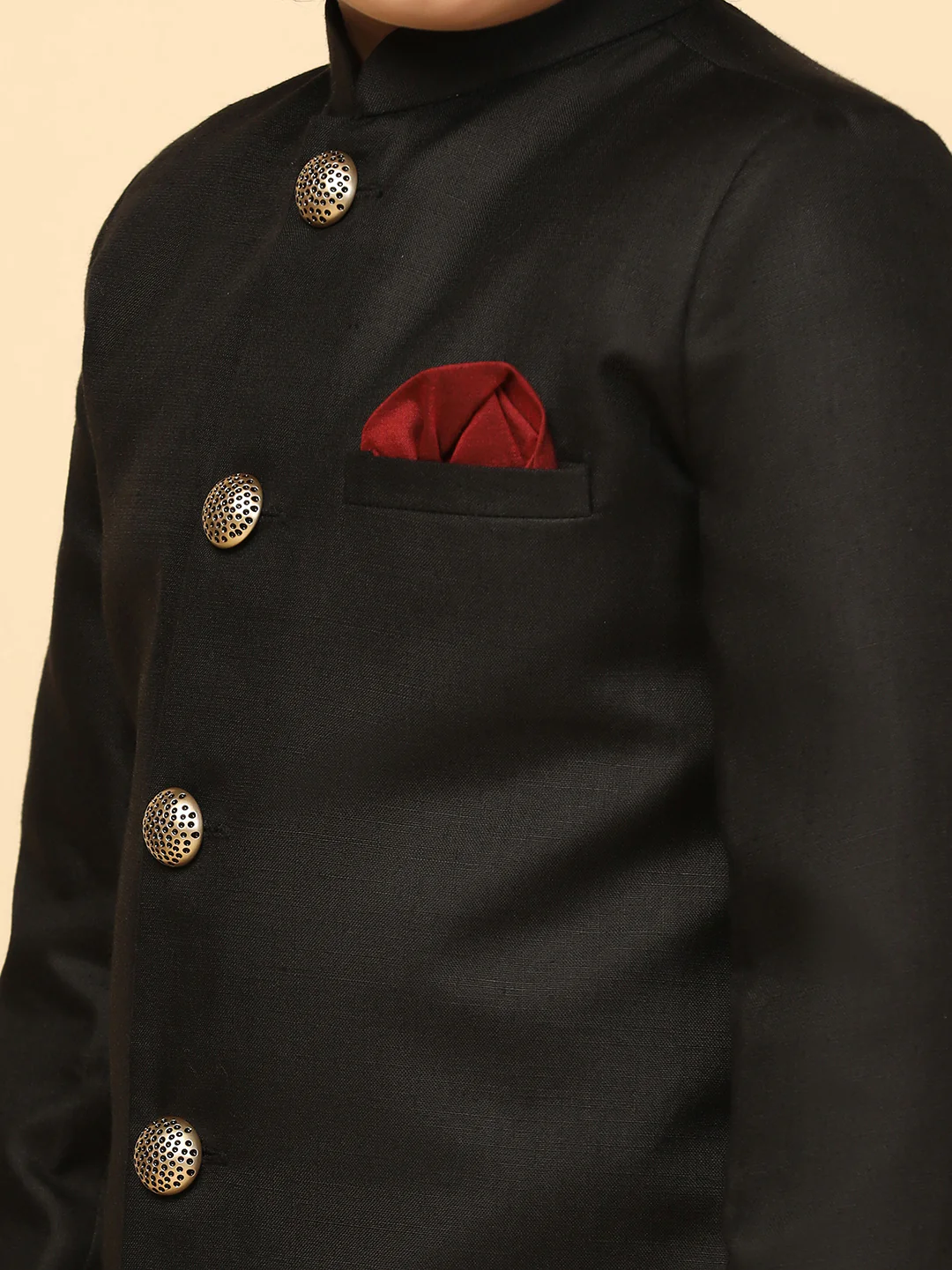 Boy's Black Cotton Blend Solid Dyed Kurta Sherwani Pyjama Set - Image 6