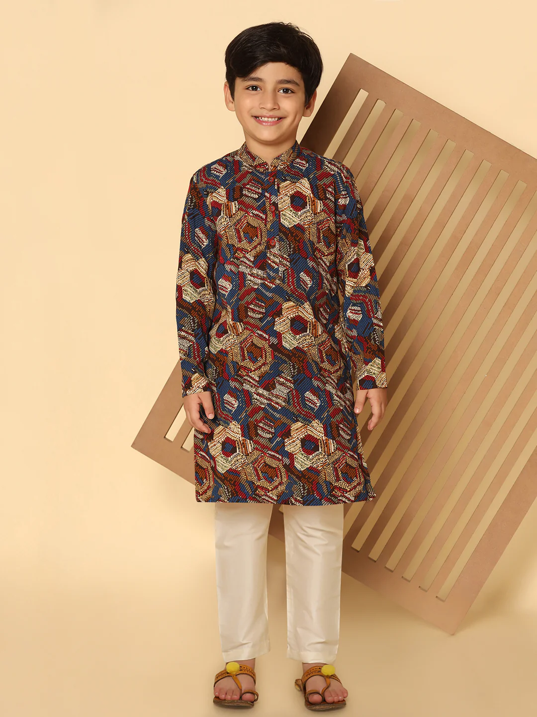 Boy's Multicolour Cotton Blend Printed Kurta Pyjama Set