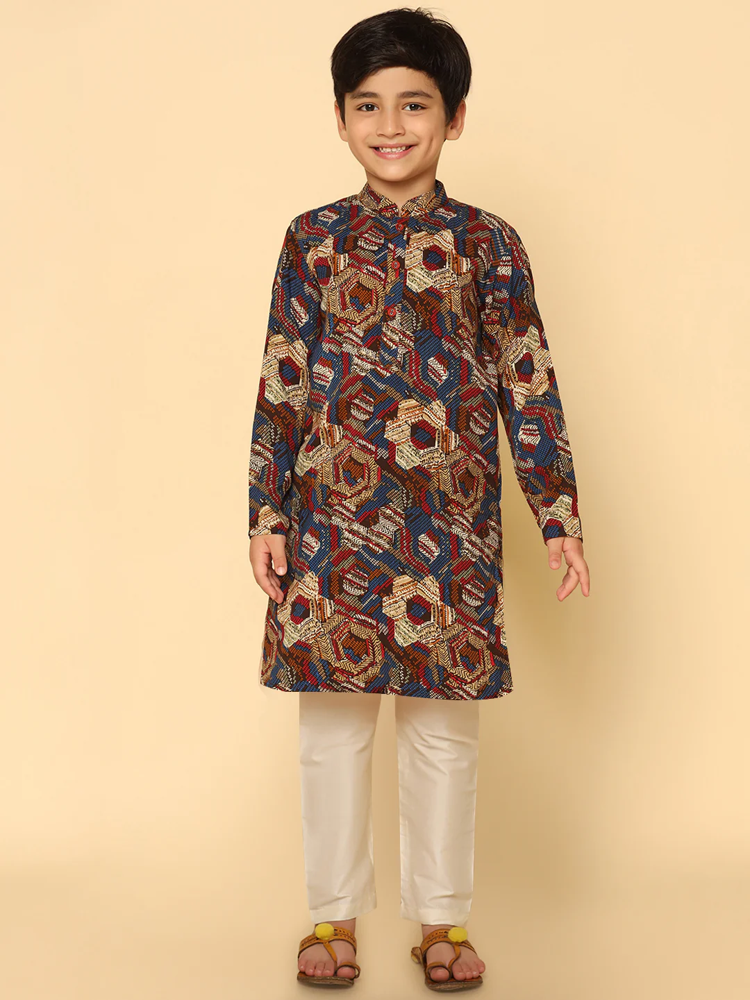 Boy's Multicolour Cotton Blend Printed Kurta Pyjama Set - Image 6