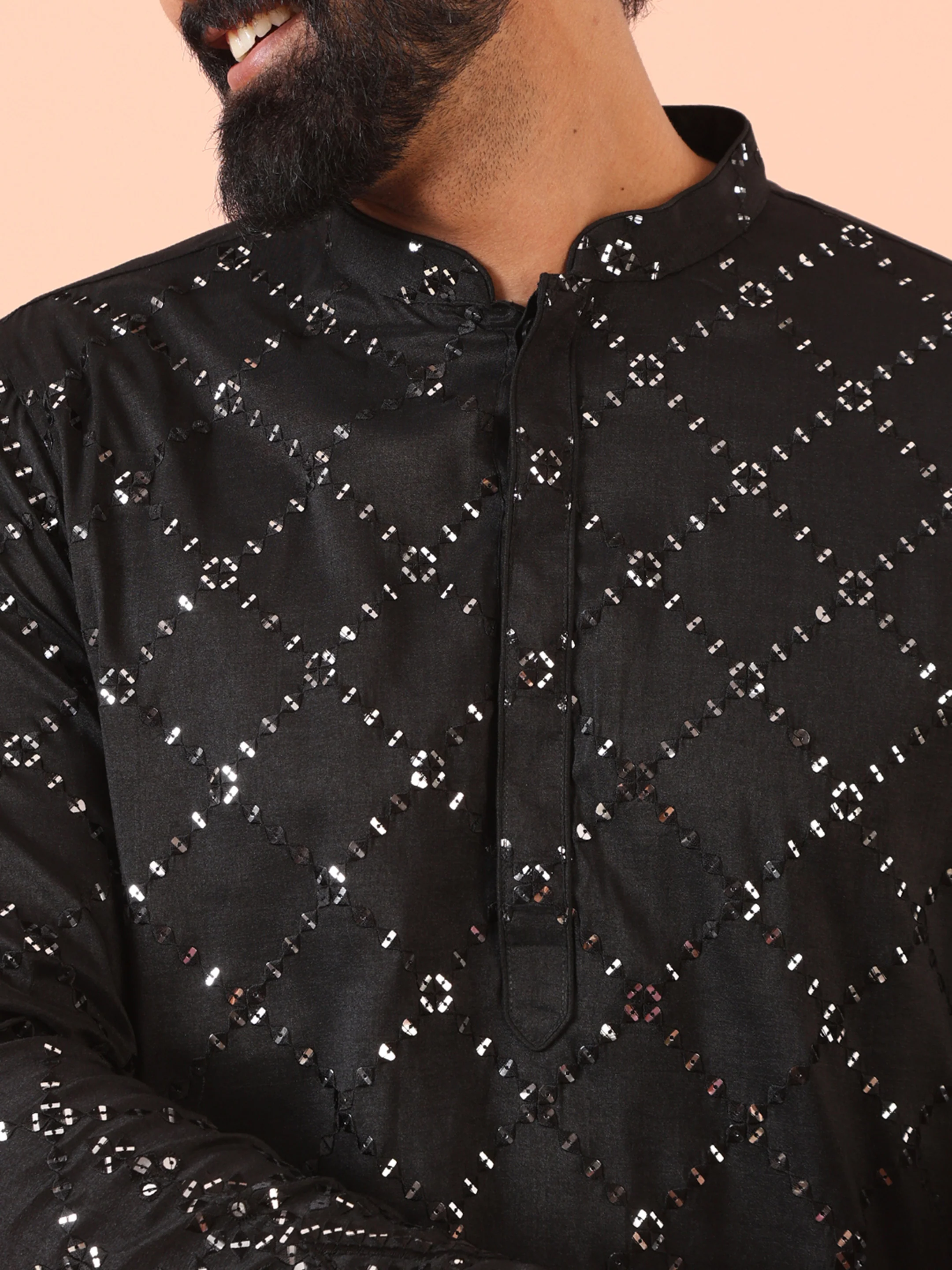 Charcoal Black Cotton Blend Embellished Kurta Trouser Set - Image 5