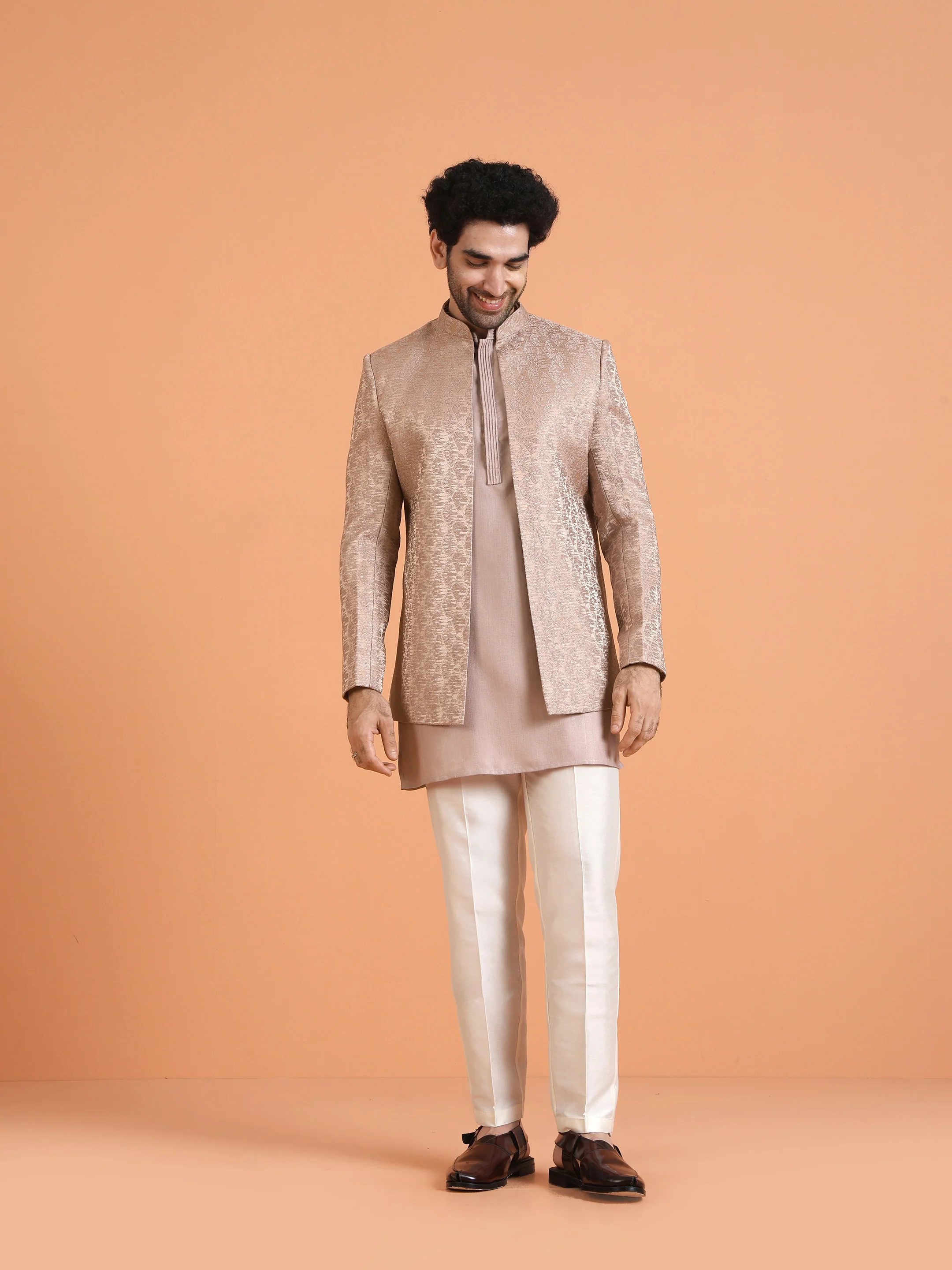 Beige Silk Blend Woven Front Open Sherwani Set