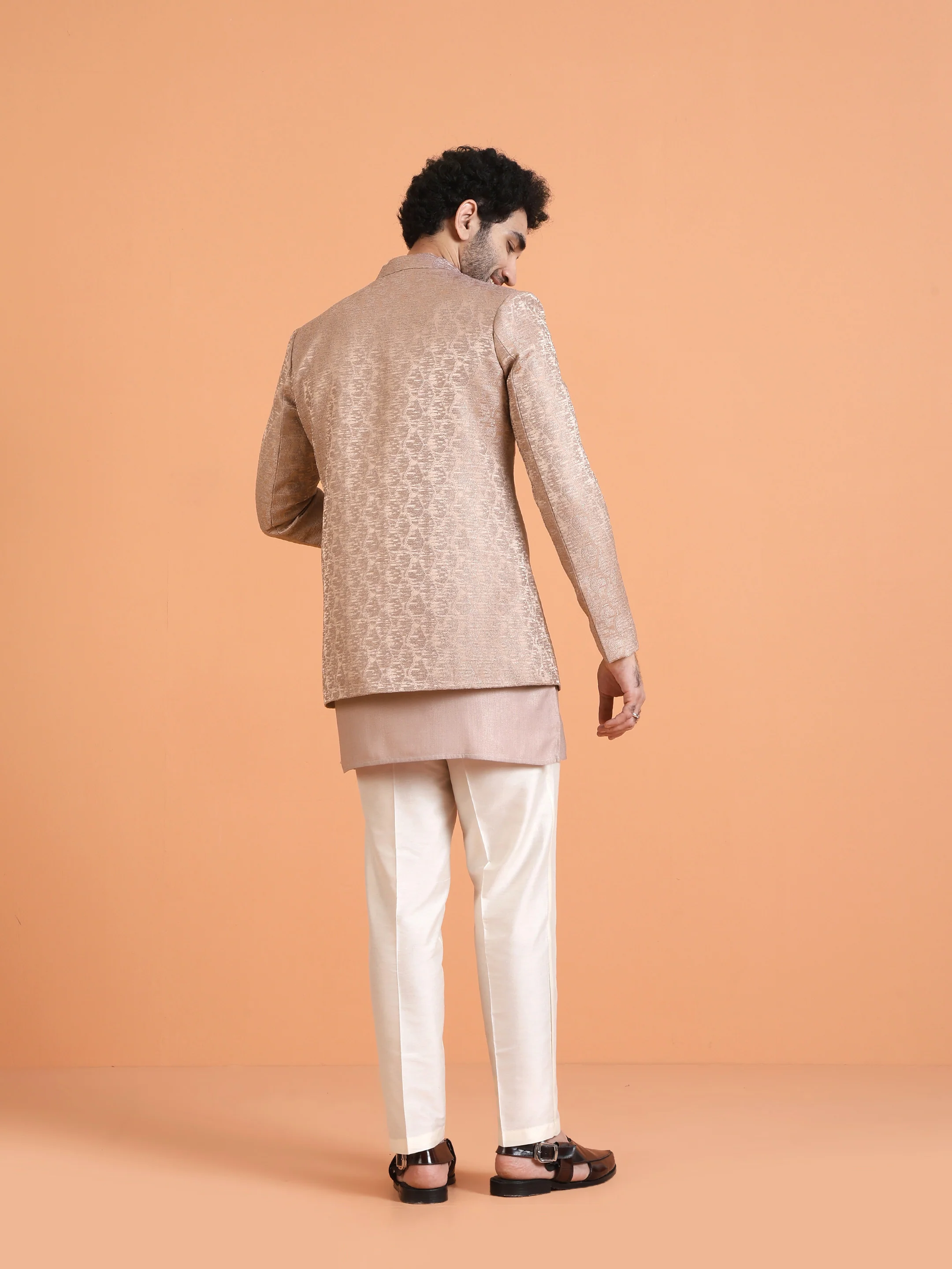 Beige Silk Blend Woven Front Open Sherwani Set - Image 4