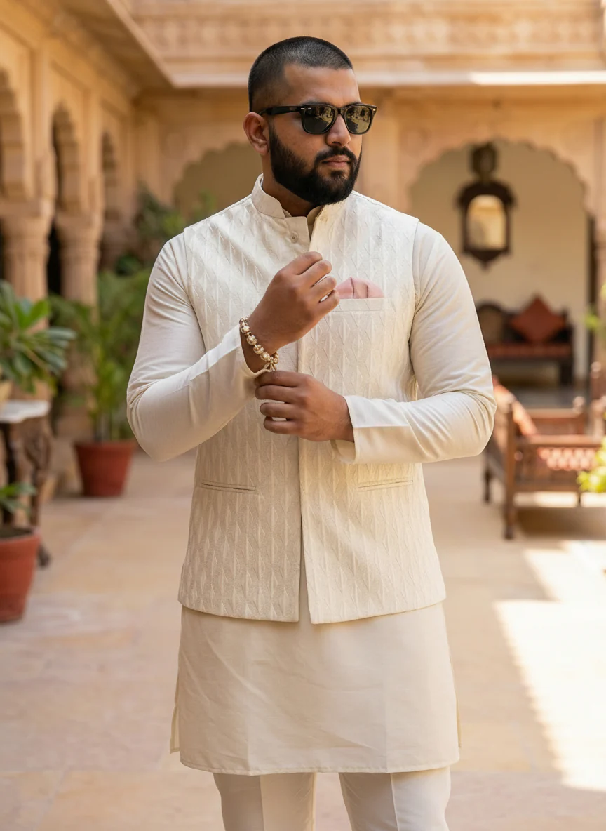 Cream Art Silk Textured Nehru Jacket