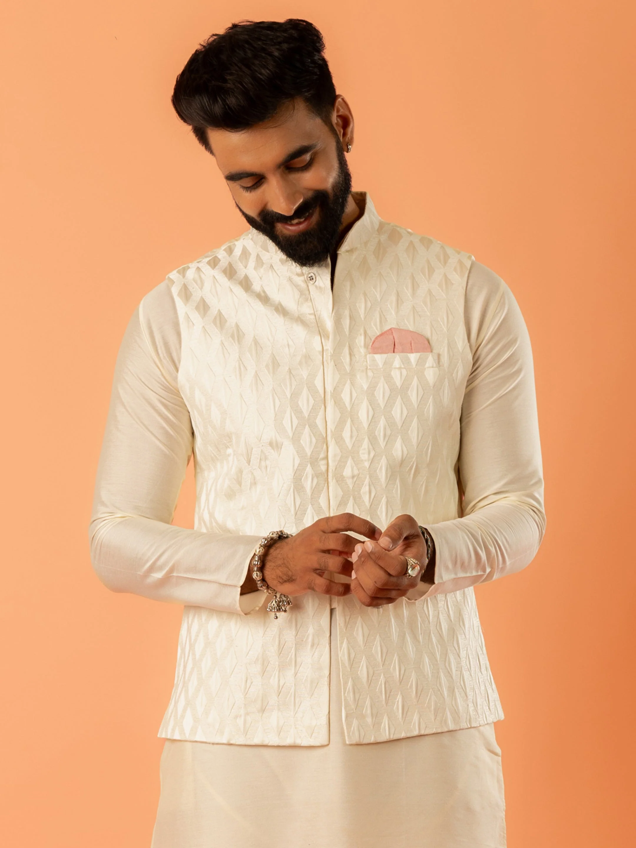 Cream Art Silk Textured Nehru Jacket - Image 8