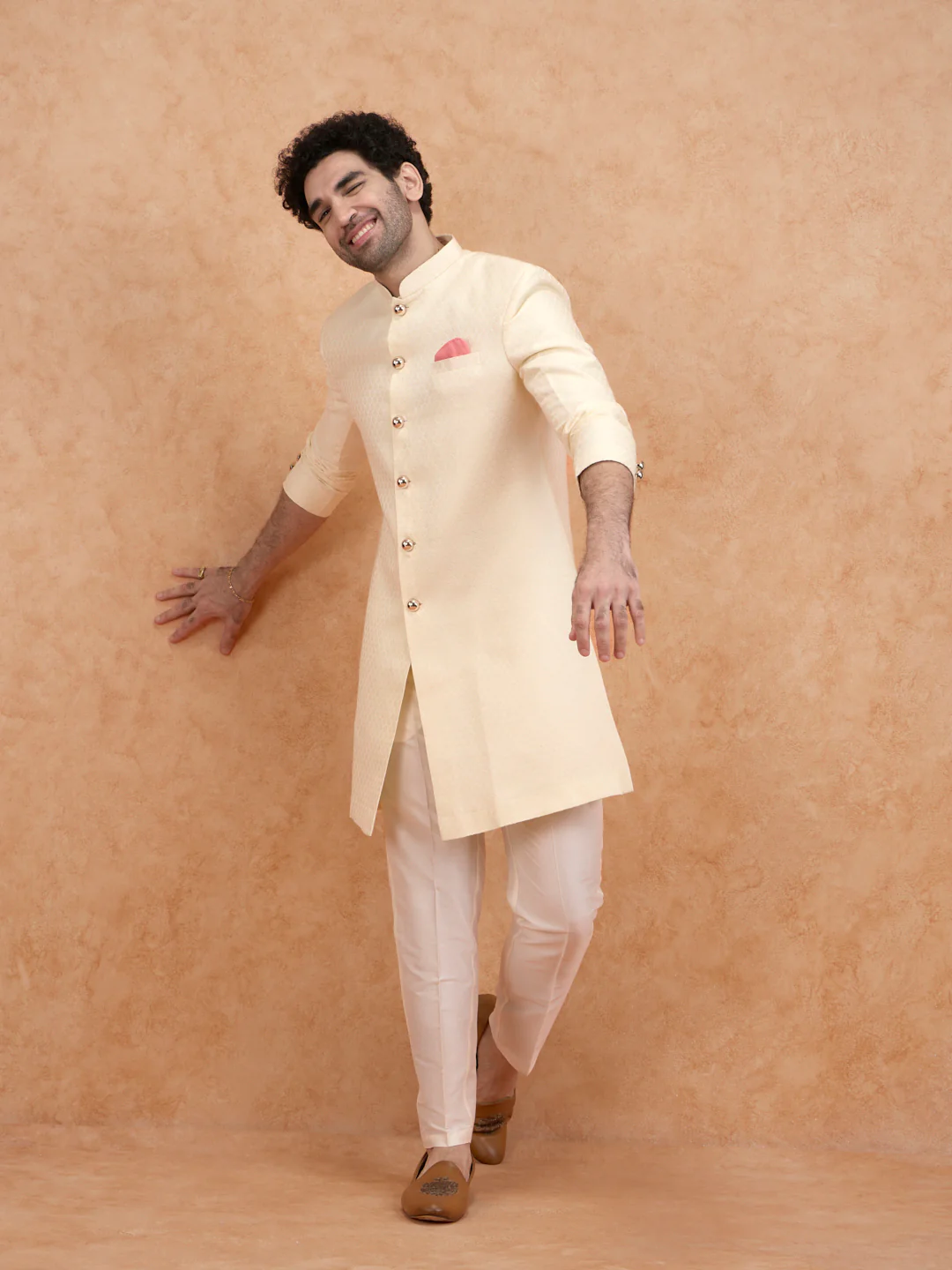 Cream Brocade Sherwani Set