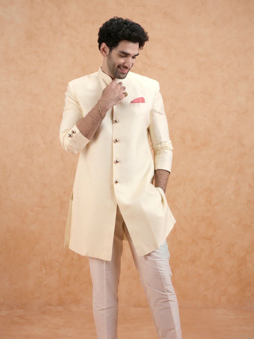 Cream Brocade Sherwani Set - Image 8