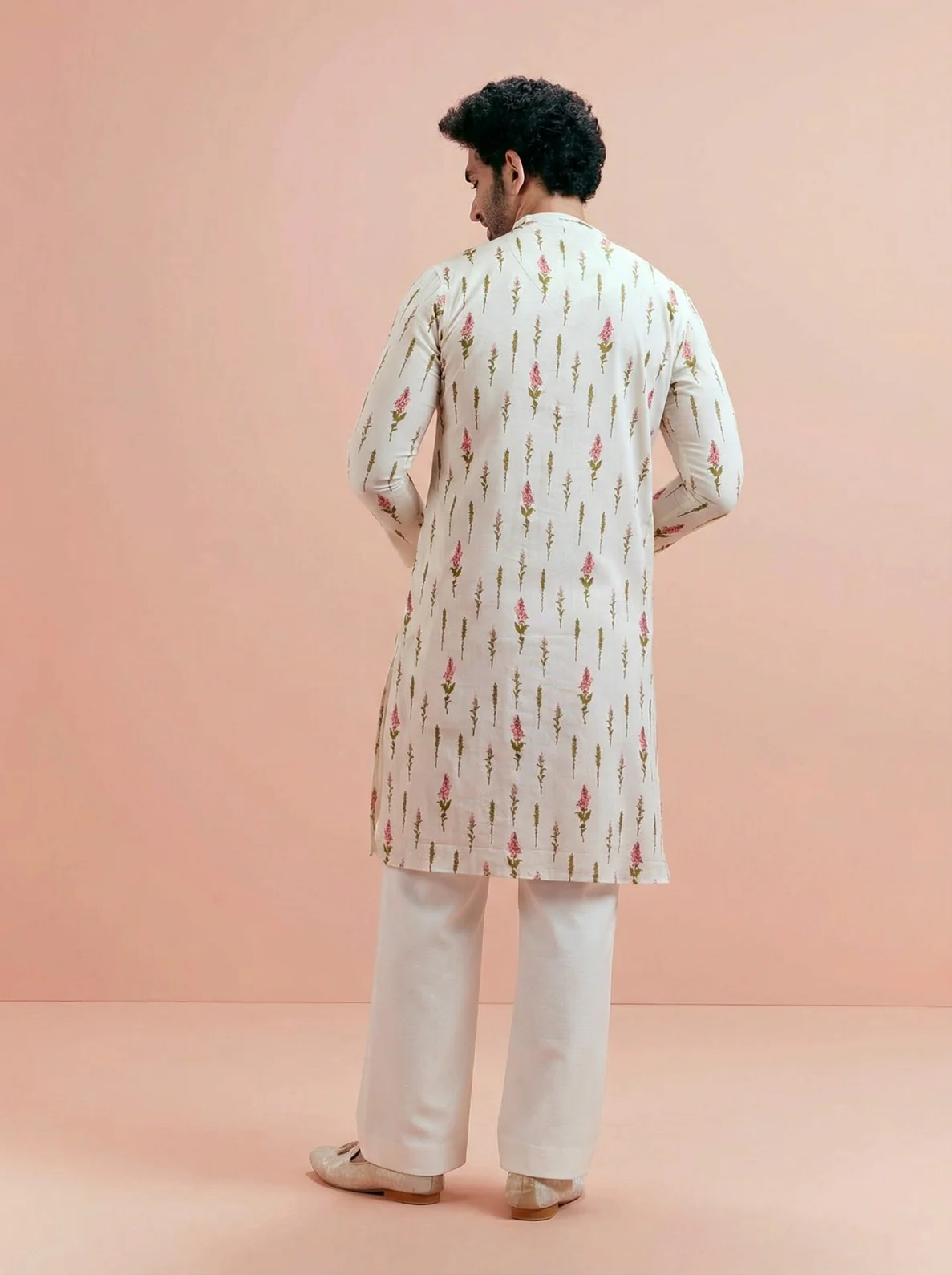 Cream Cotton Blend Printed Kurta Wide Leg Trouser Set - Image 3