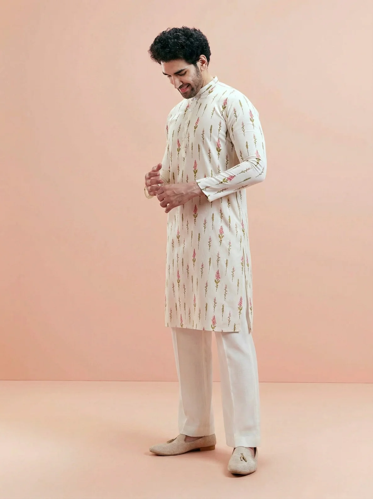 Cream Cotton Blend Printed Kurta Wide Leg Trouser Set - Image 6
