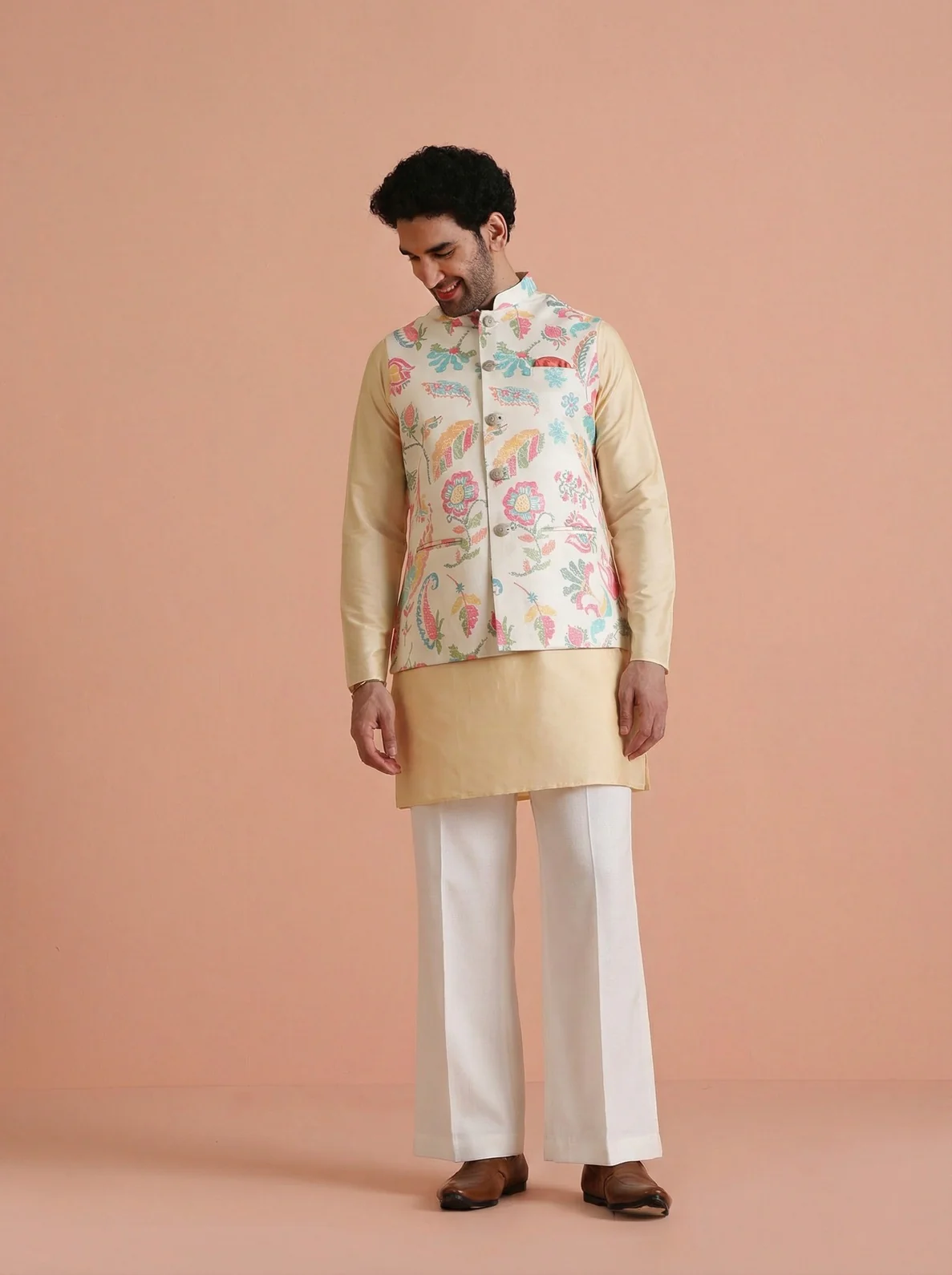 Cream Cotton Blend Printed Mid Kurta Jacket Wide Leg Trouser Set - Image 2