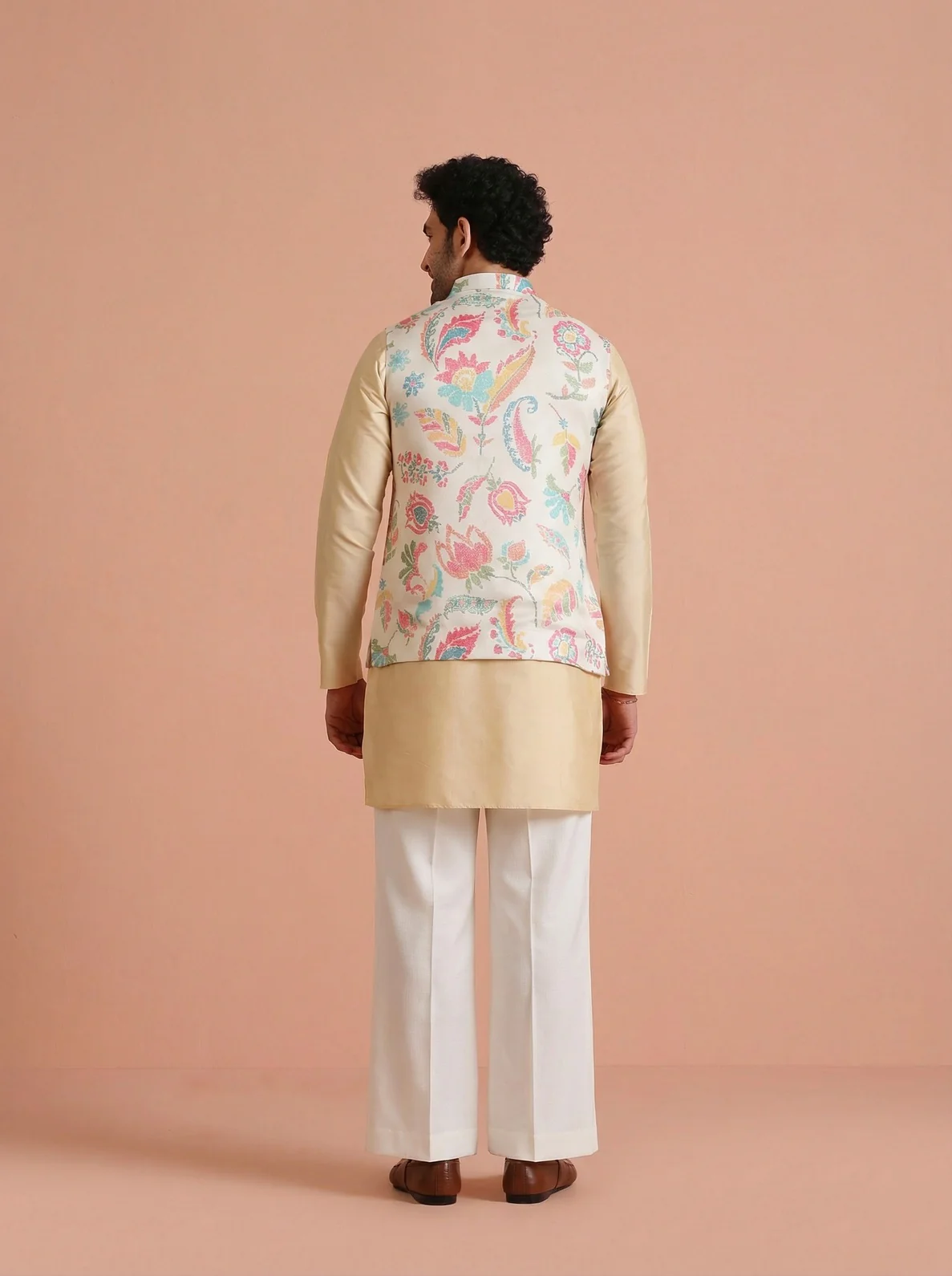 Cream Cotton Blend Printed Mid Kurta Jacket Wide Leg Trouser Set - Image 3