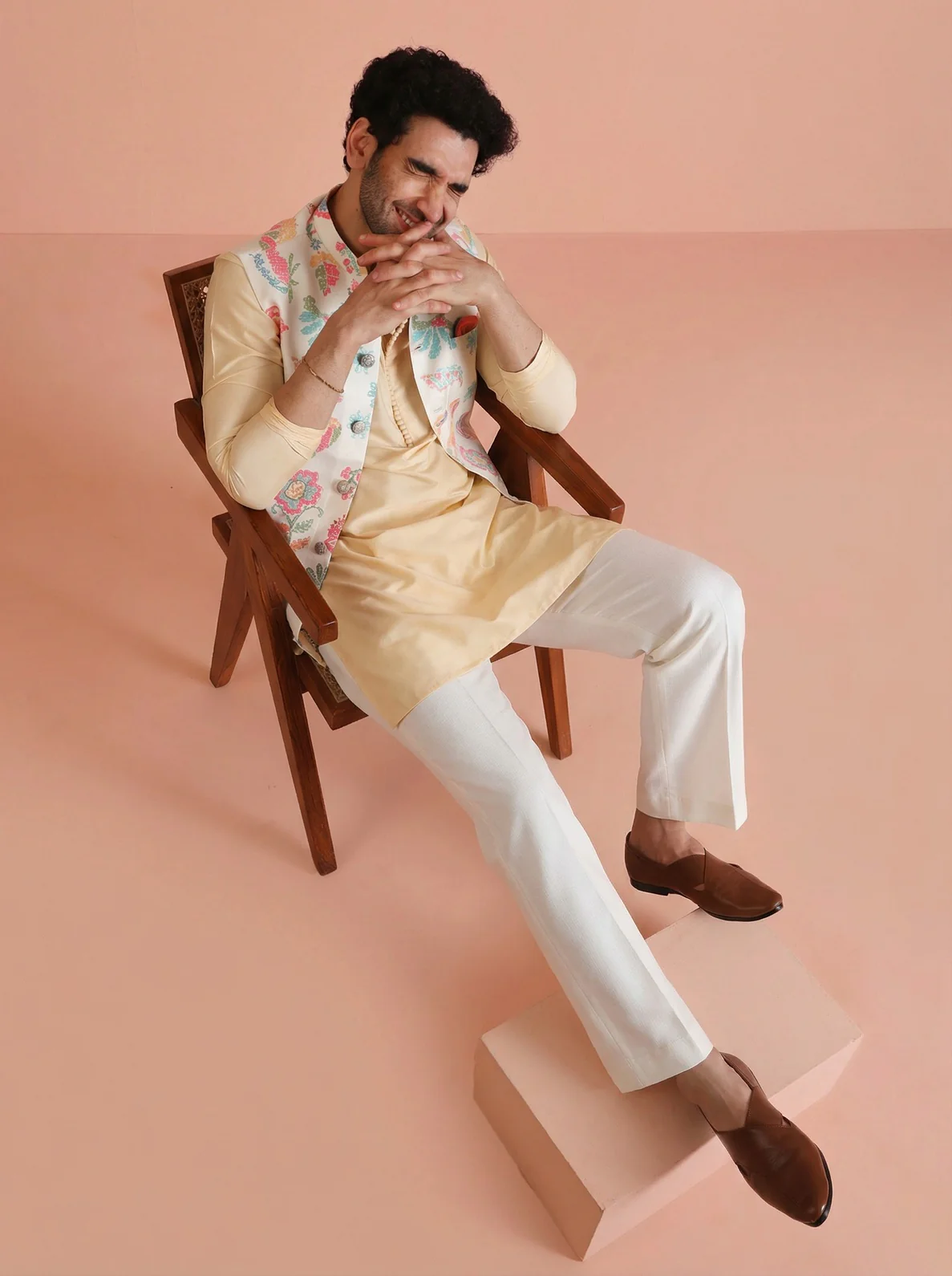 Cream Cotton Blend Printed Mid Kurta Jacket Wide Leg Trouser Set - Image 7