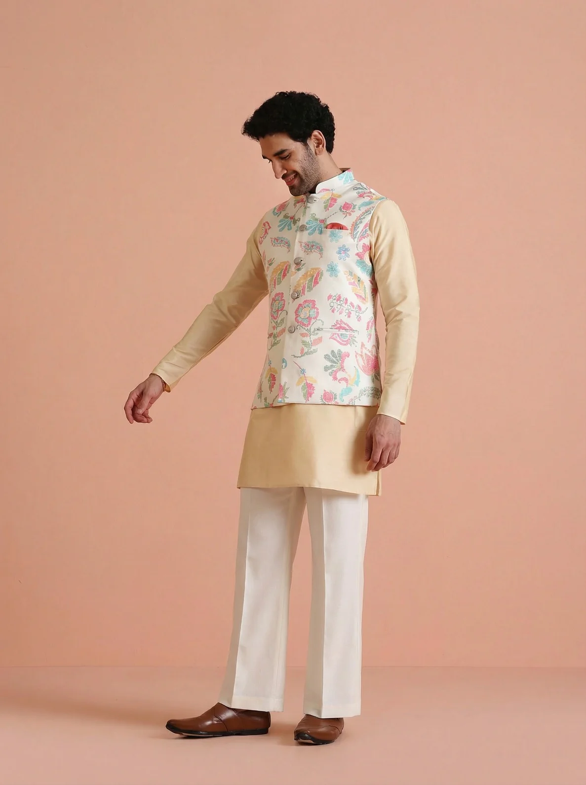 Cream Cotton Blend Printed Mid Kurta Jacket Wide Leg Trouser Set - Image 8