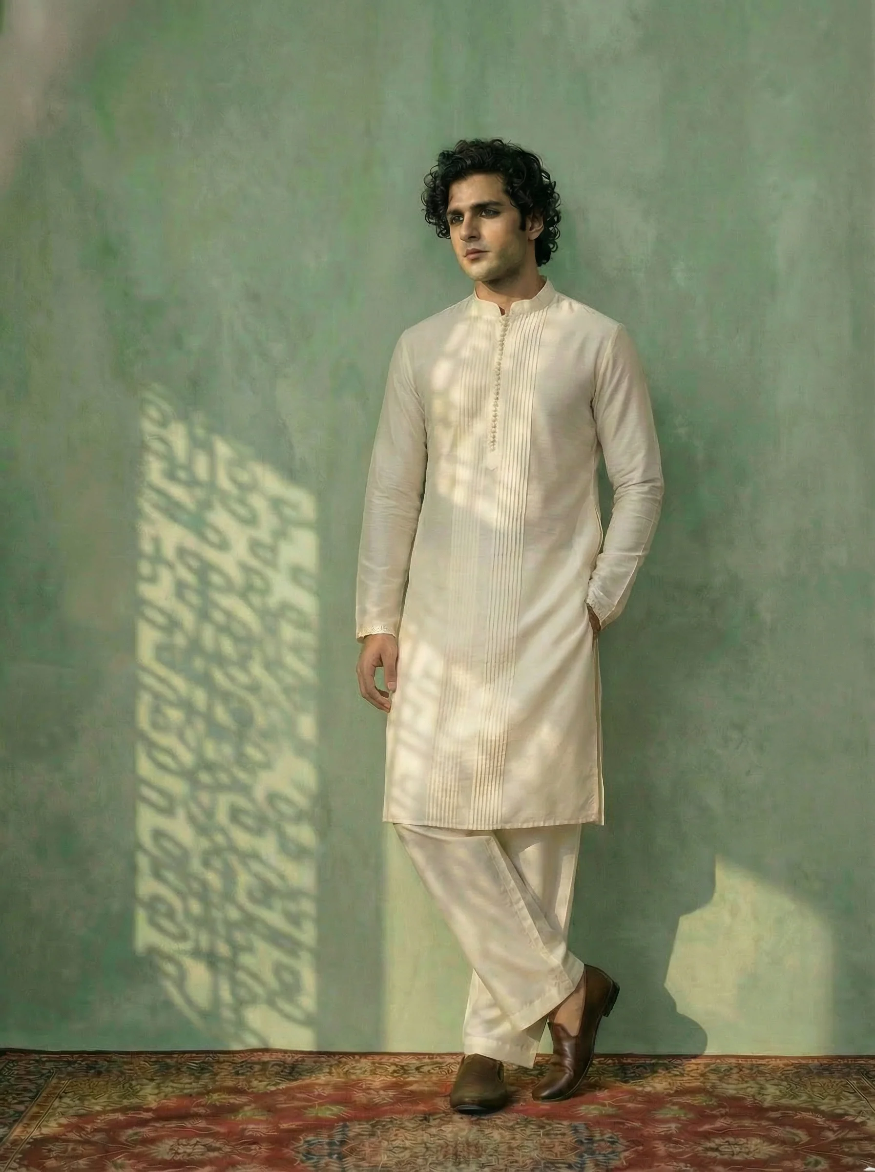 Cream Cotton Blend Solid Kurta Wide Leg Pant Set