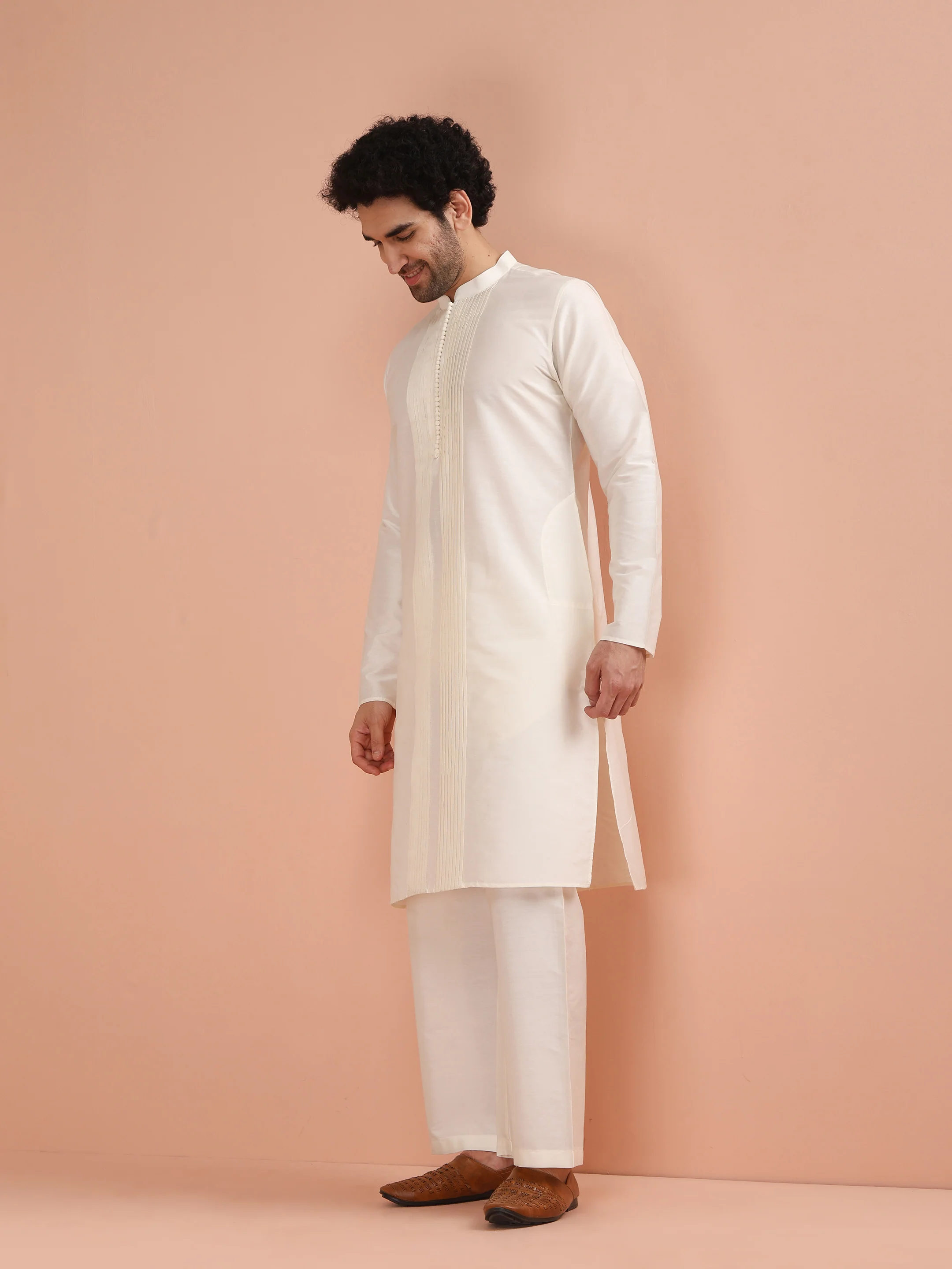 Cream Cotton Blend Solid Kurta Wide Leg Pant Set - Image 2