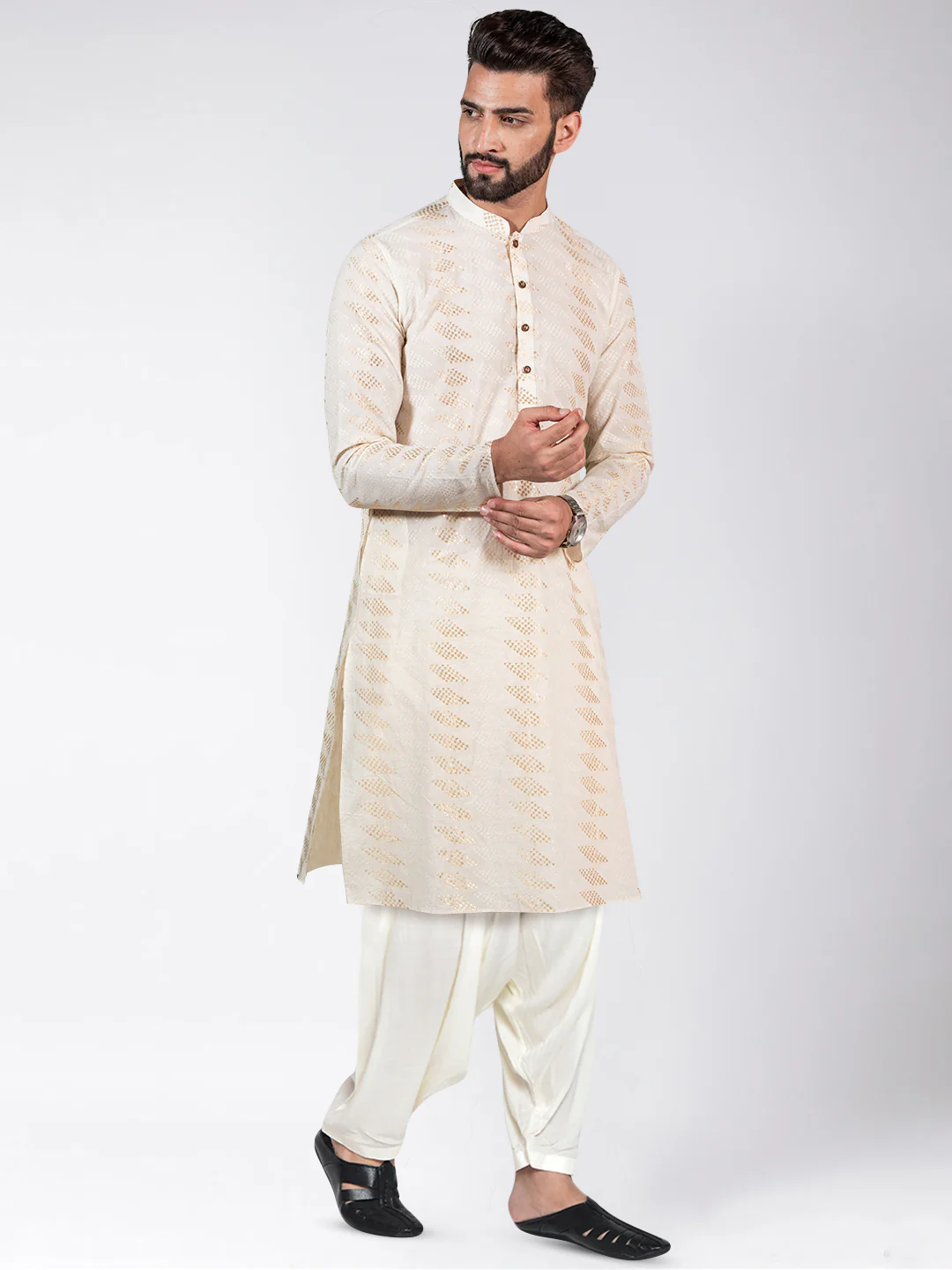 Cream Cotton Blend Woven Design Long Kurta - Image 3