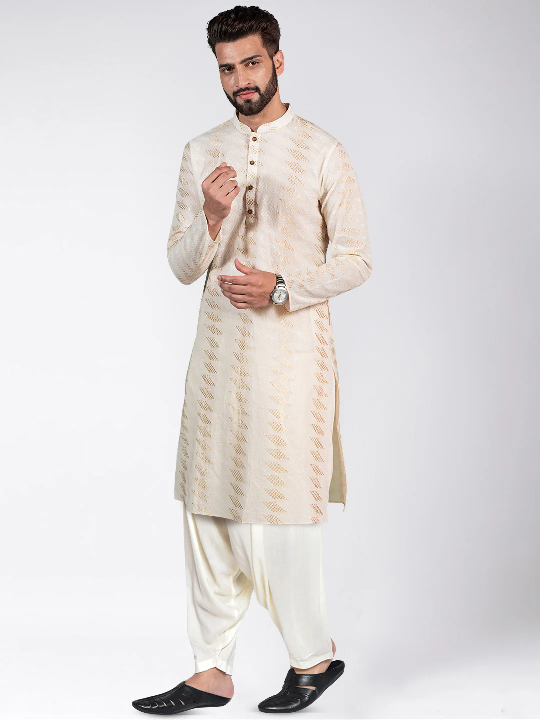 Cream Cotton Blend Woven Design Long Kurta - Image 4