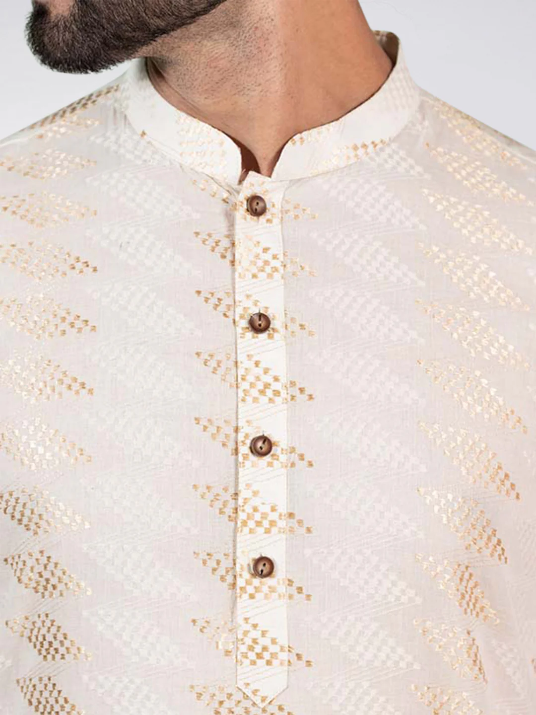 Cream Cotton Blend Woven Design Long Kurta - Image 6
