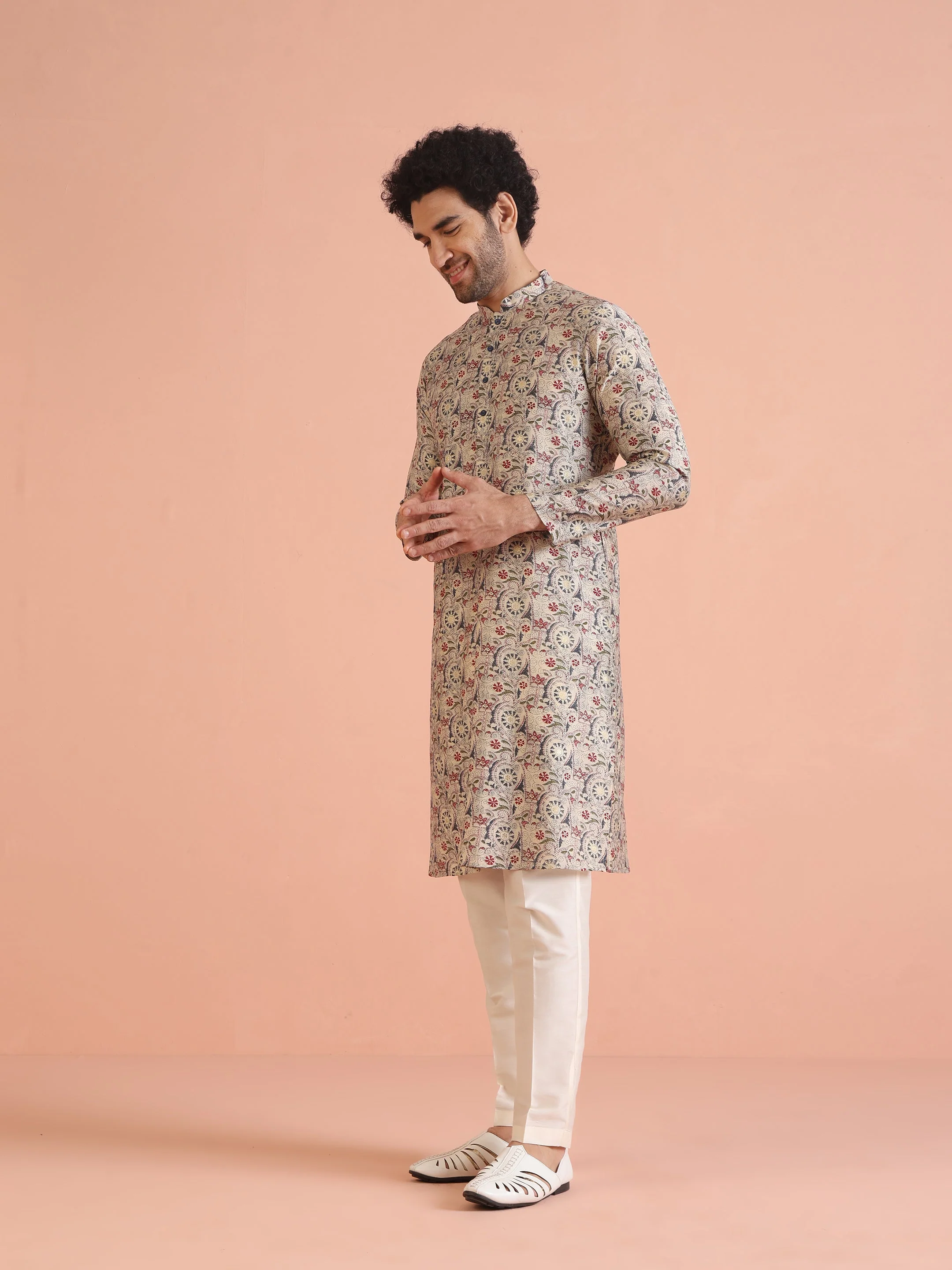 Cream Cotton Printed Kurta Trouser Set - Image 2