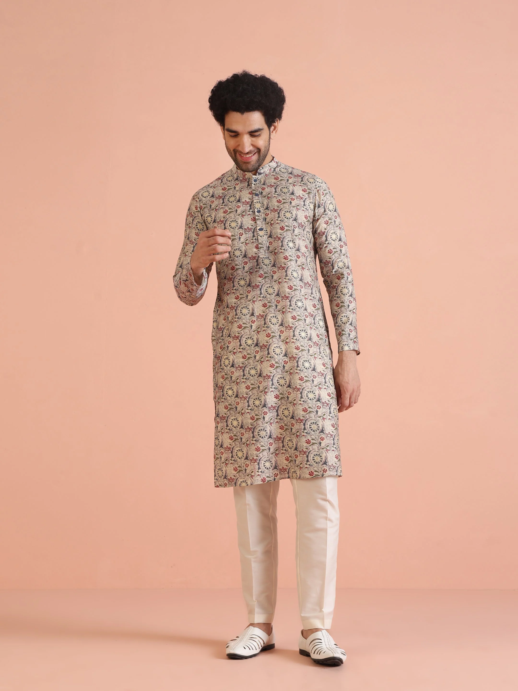 Cream Cotton Printed Kurta Trouser Set - Image 9